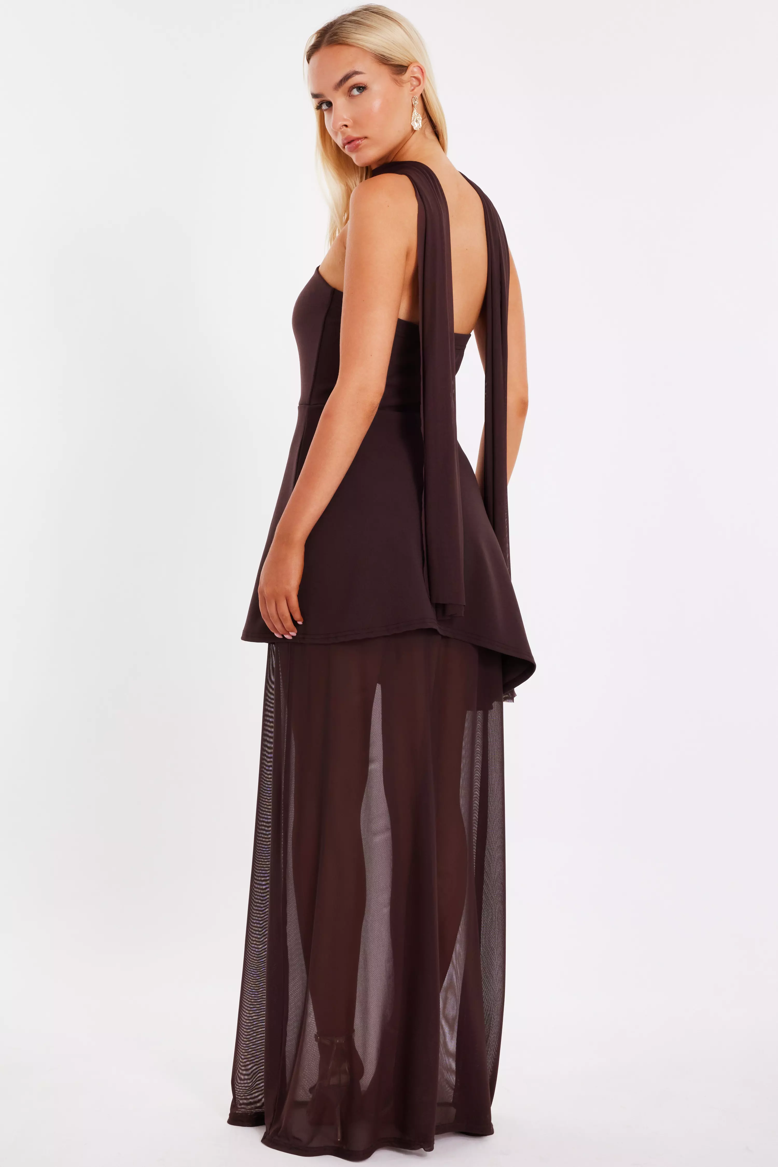 Brown Bandeau Mesh Skirt Maxi Dress
