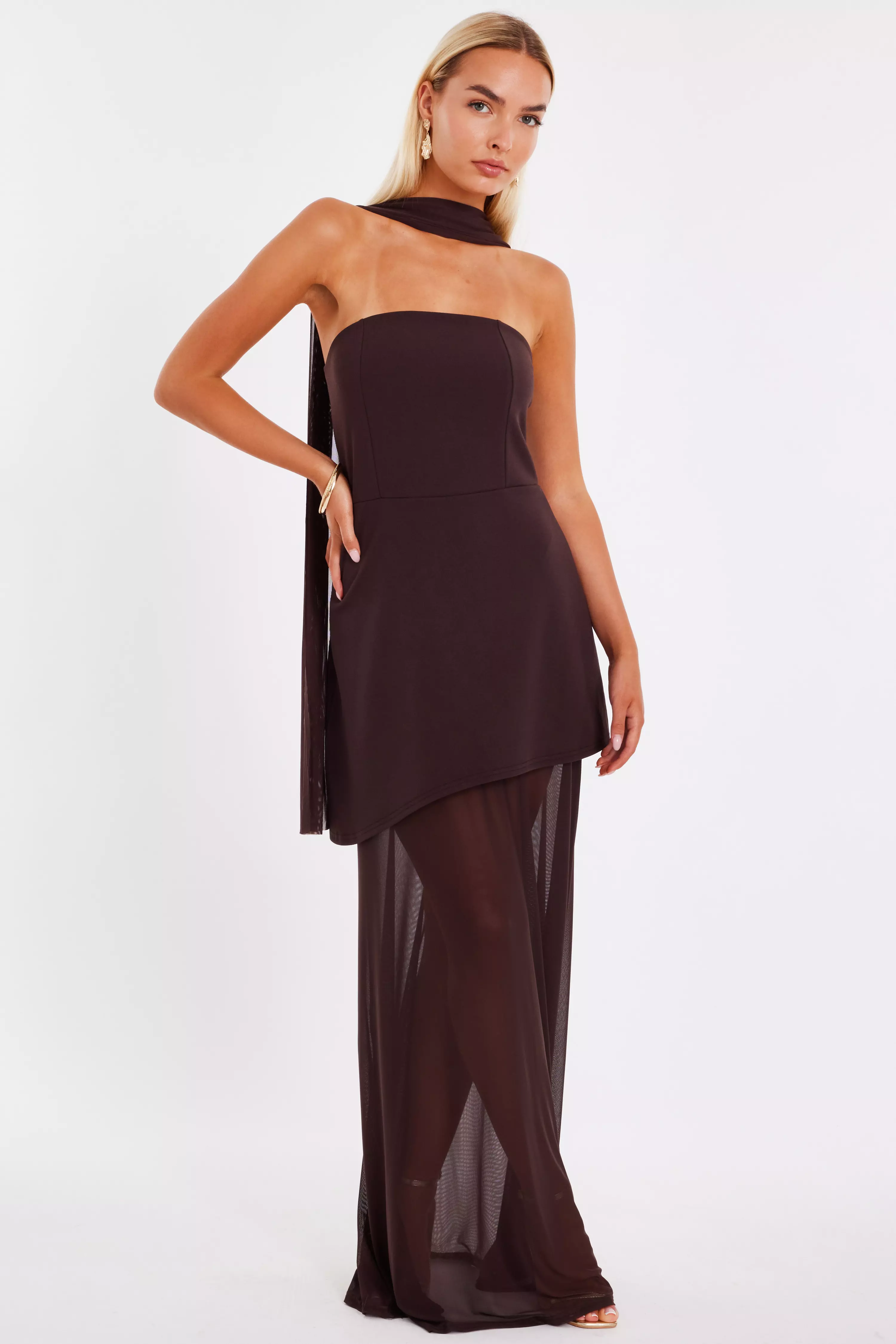 Brown Bandeau Mesh Skirt Maxi Dress