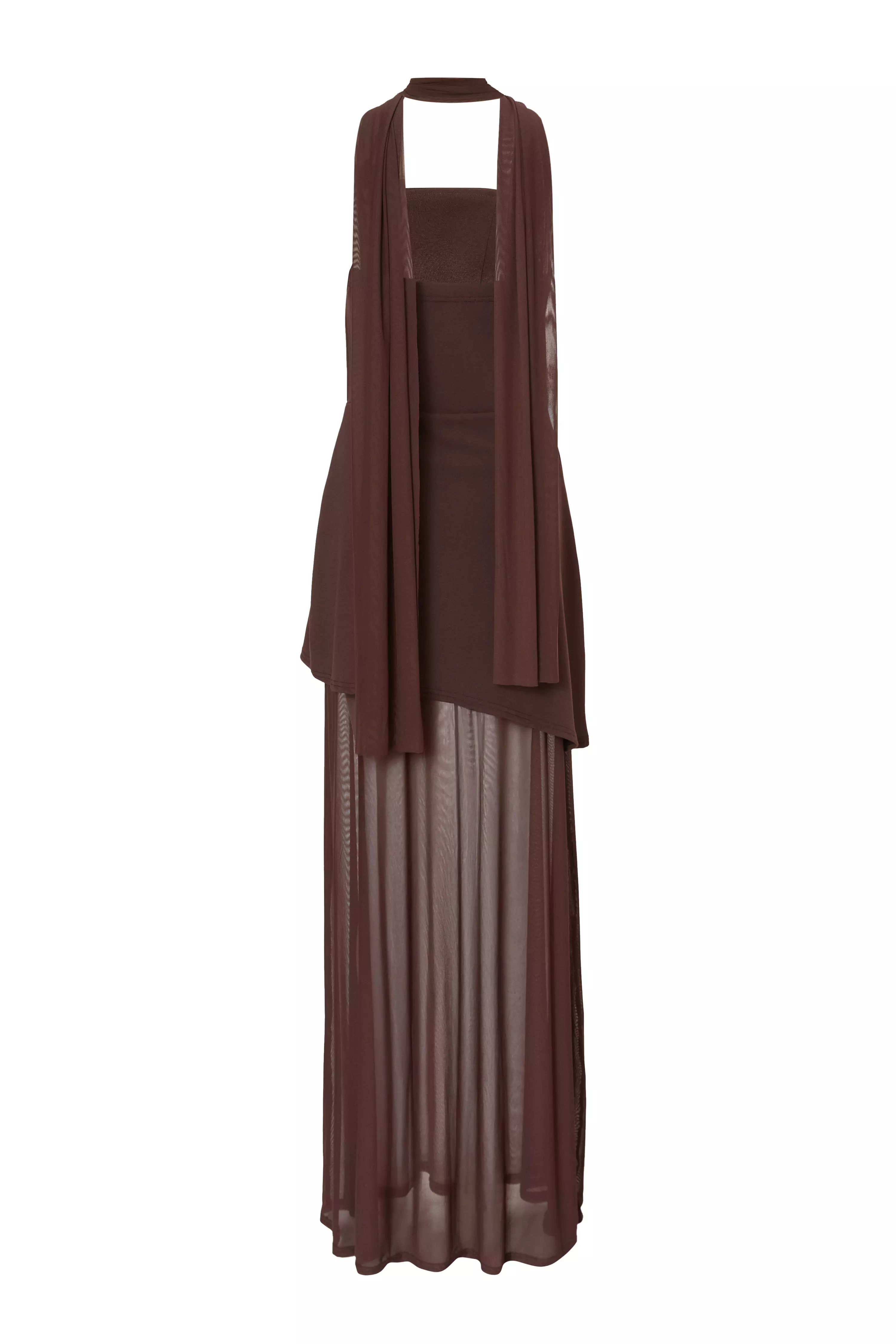 Brown Bandeau Mesh Skirt Maxi Dress