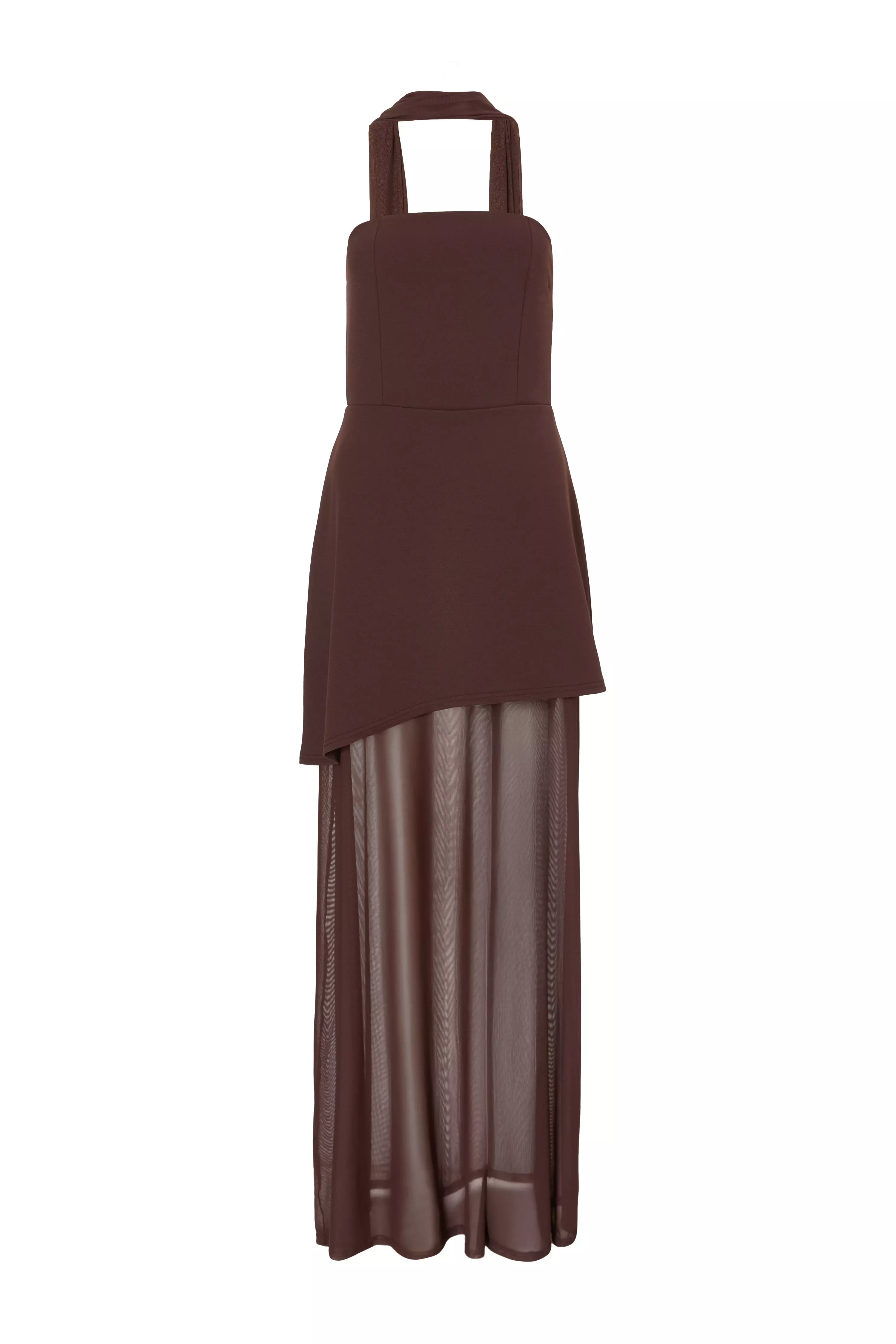 Brown Bandeau Mesh Skirt Maxi Dress