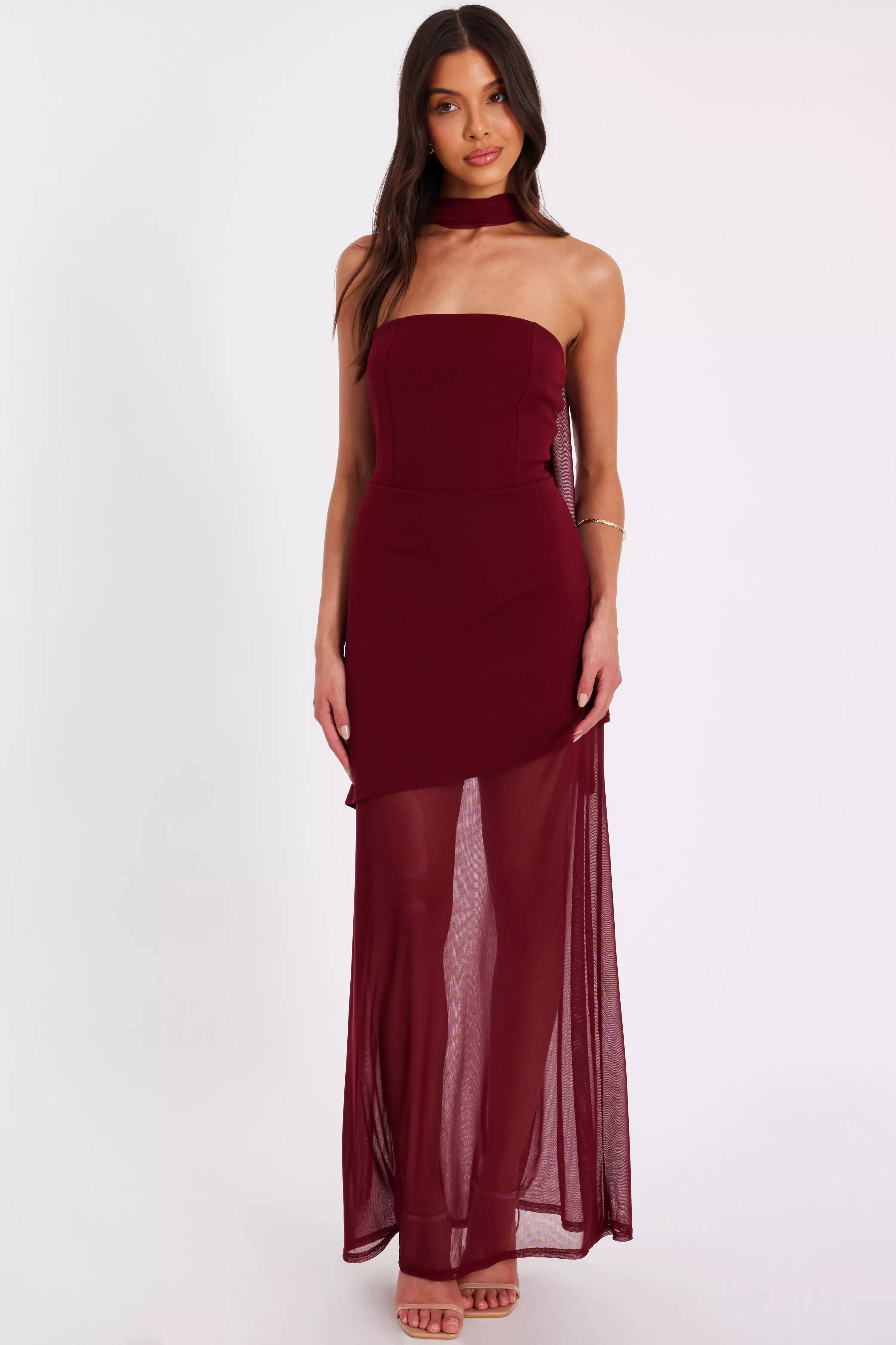 Dark Red Strapless Mesh Hem Maxi Dress