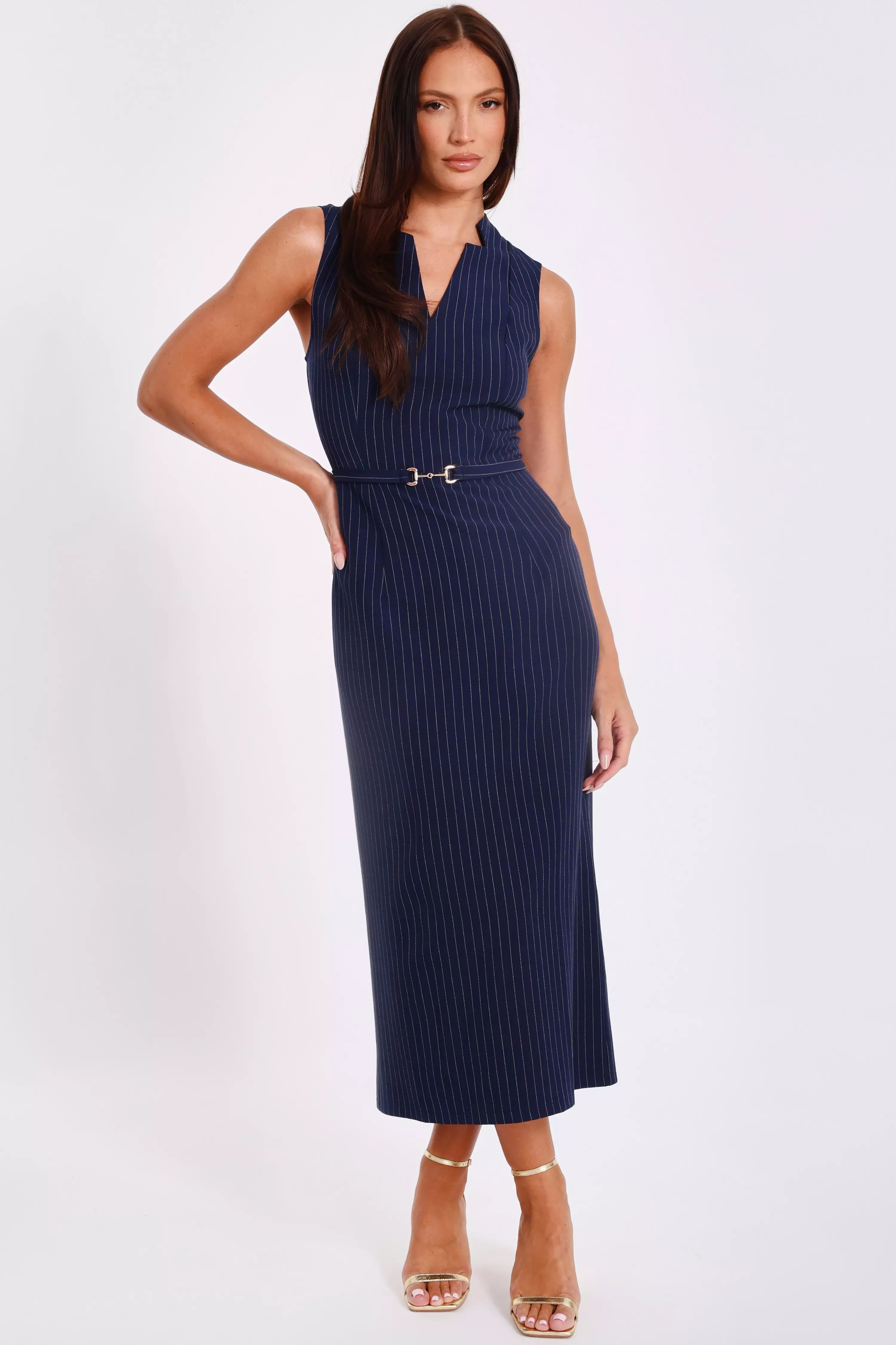 Navy Pinstripe Midi Dress
