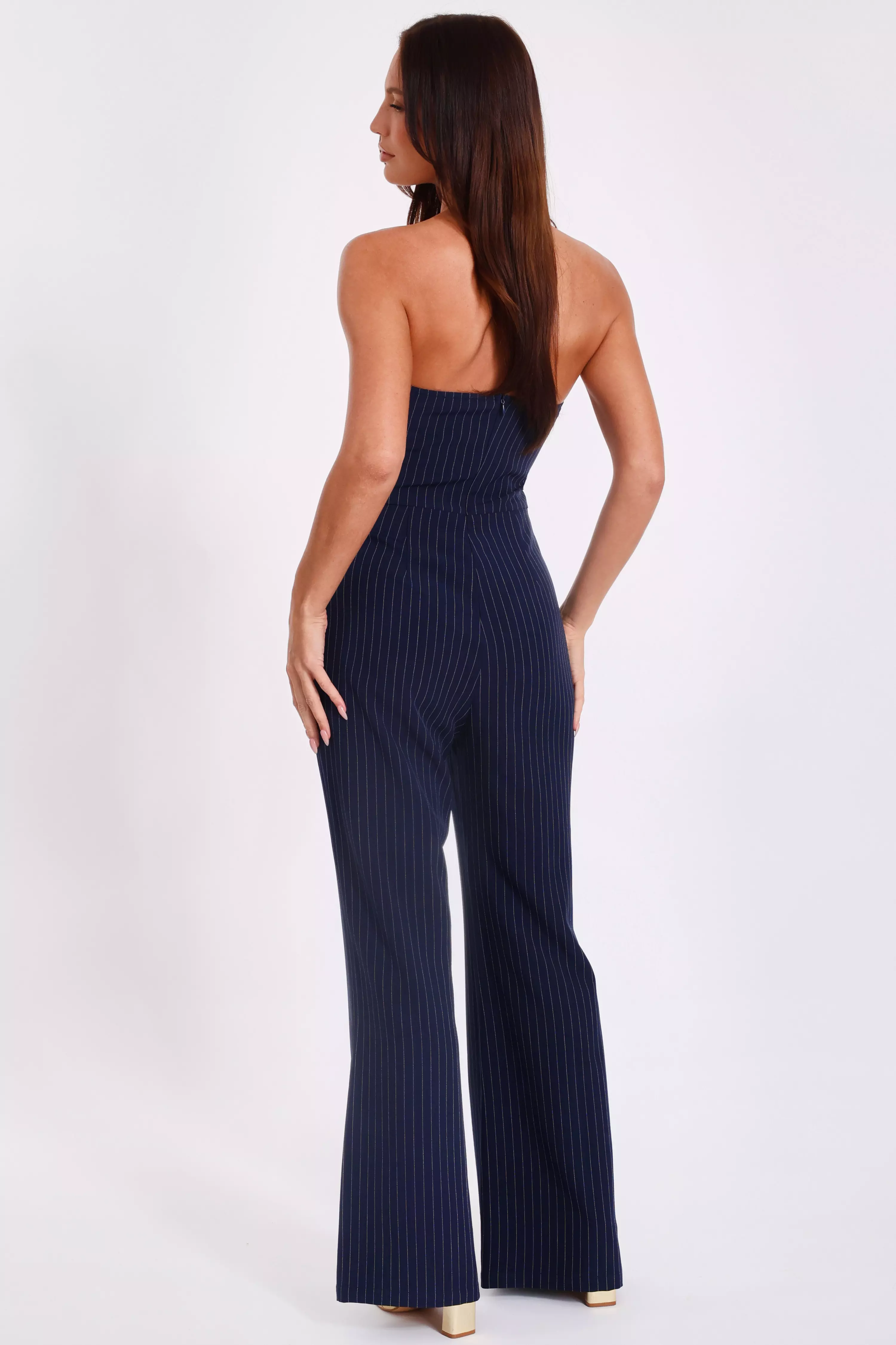Navy Pinstripe Strapless Jumpsuit