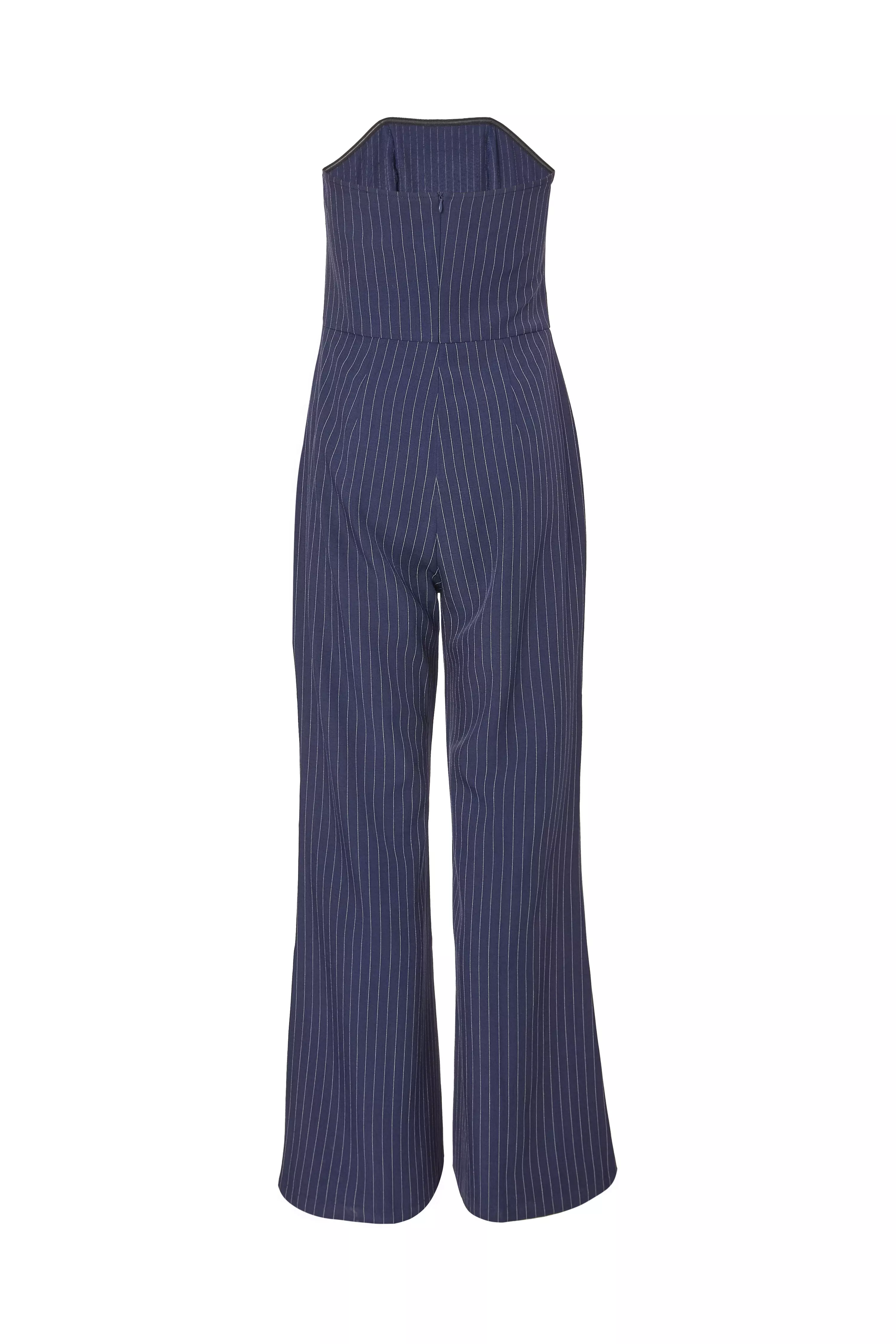 Navy Pinstripe Strapless Jumpsuit