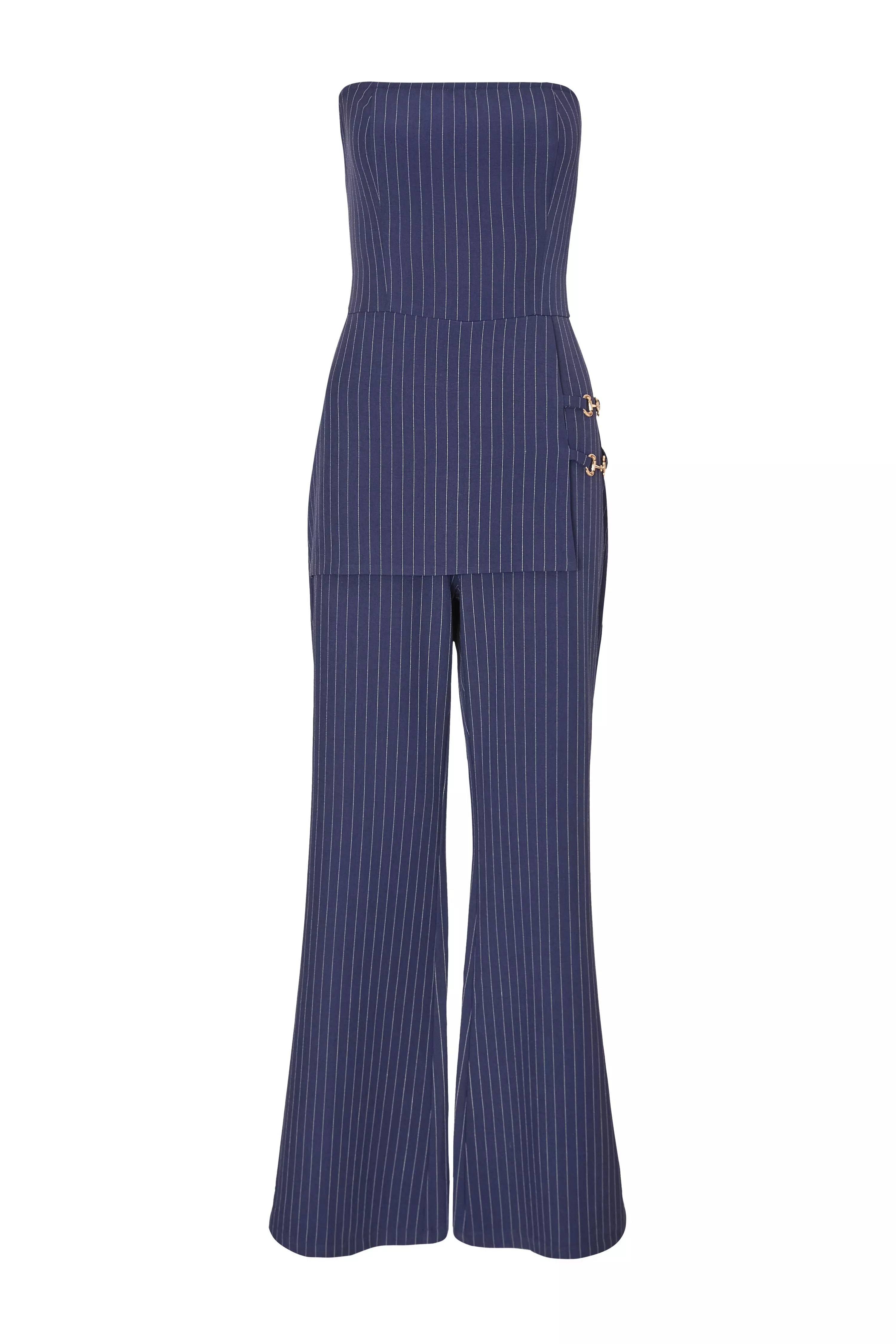 Navy Pinstripe Strapless Jumpsuit