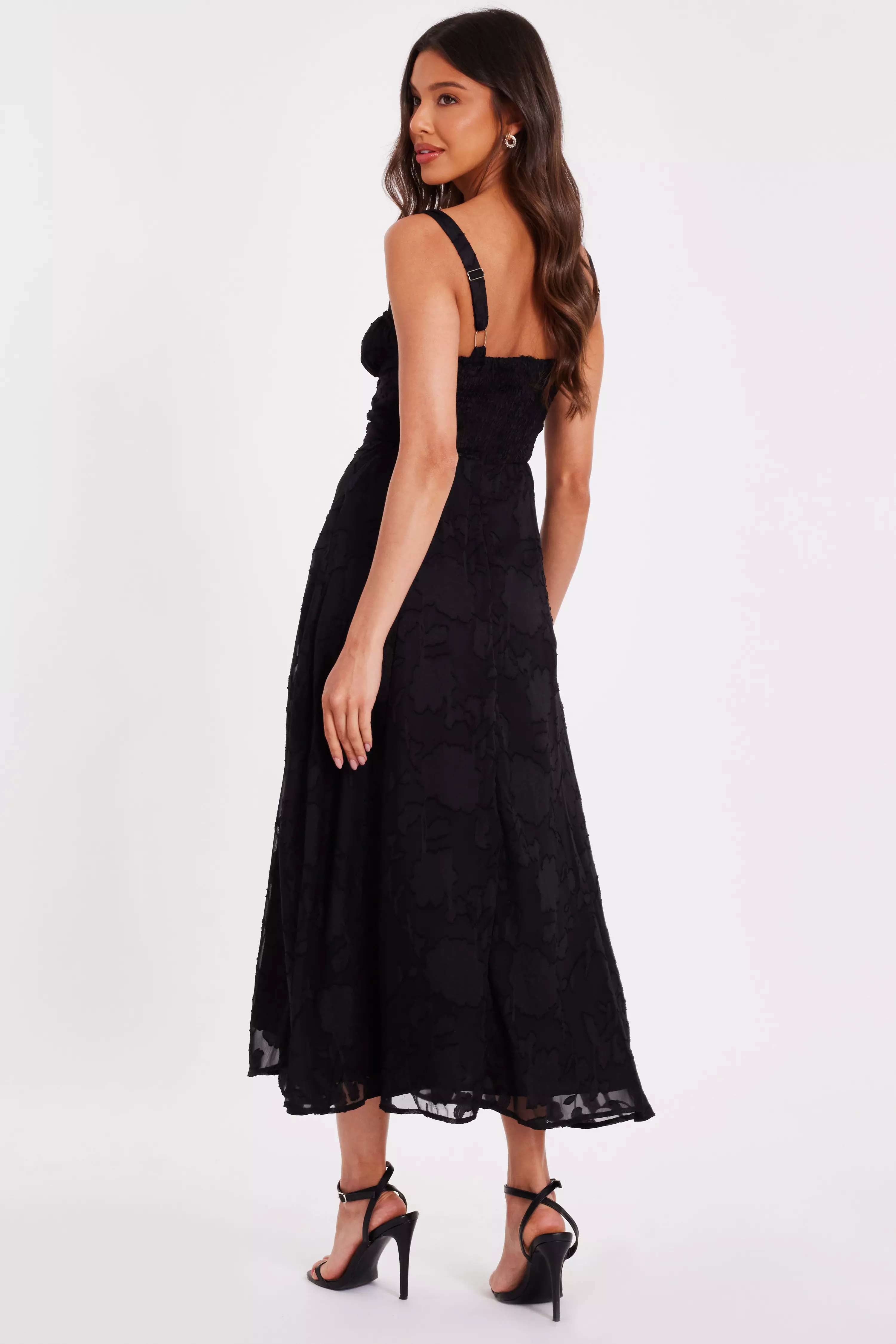 Black Jacquard Ruched Midaxi Dress