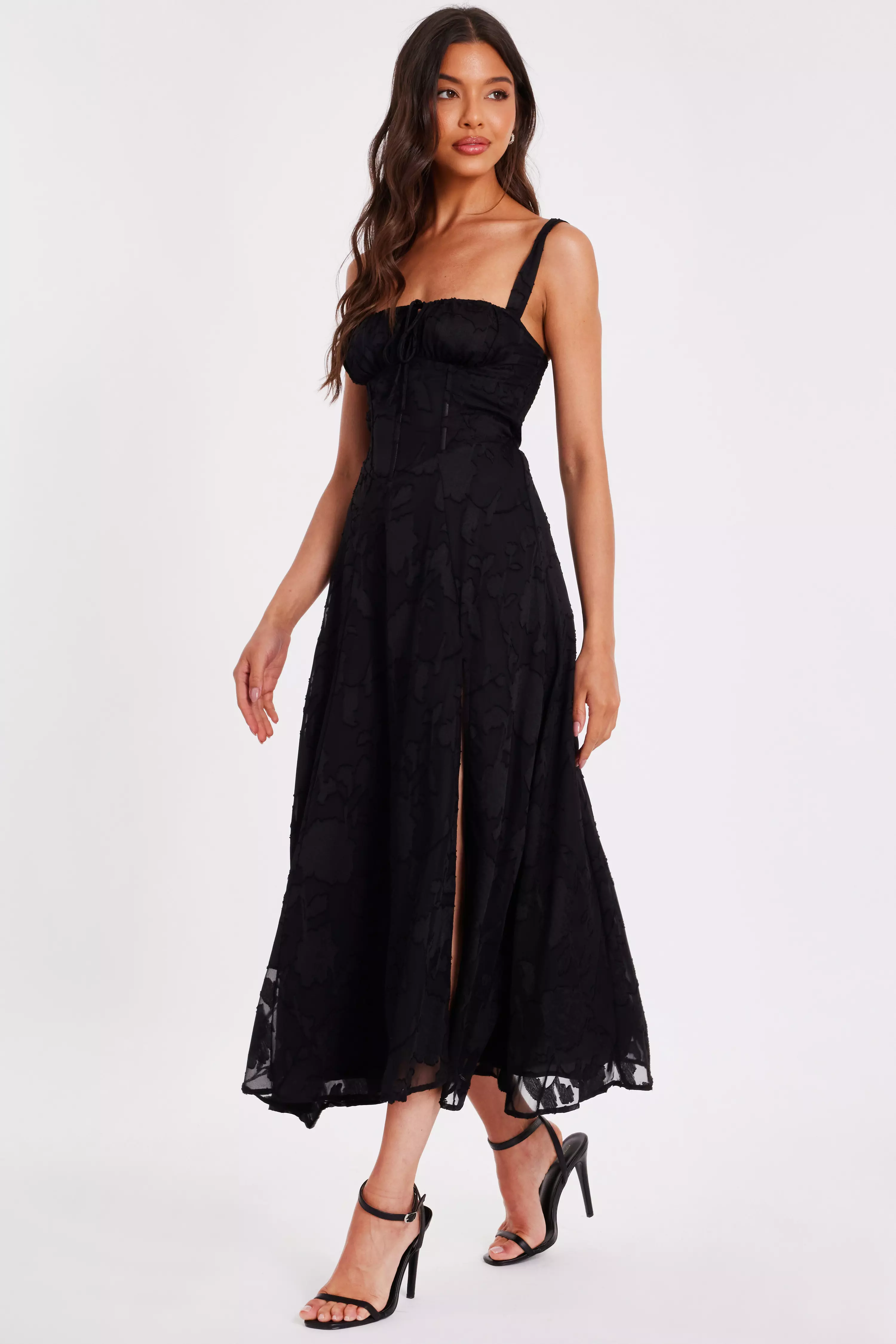 Black Jacquard Ruched Midaxi Dress