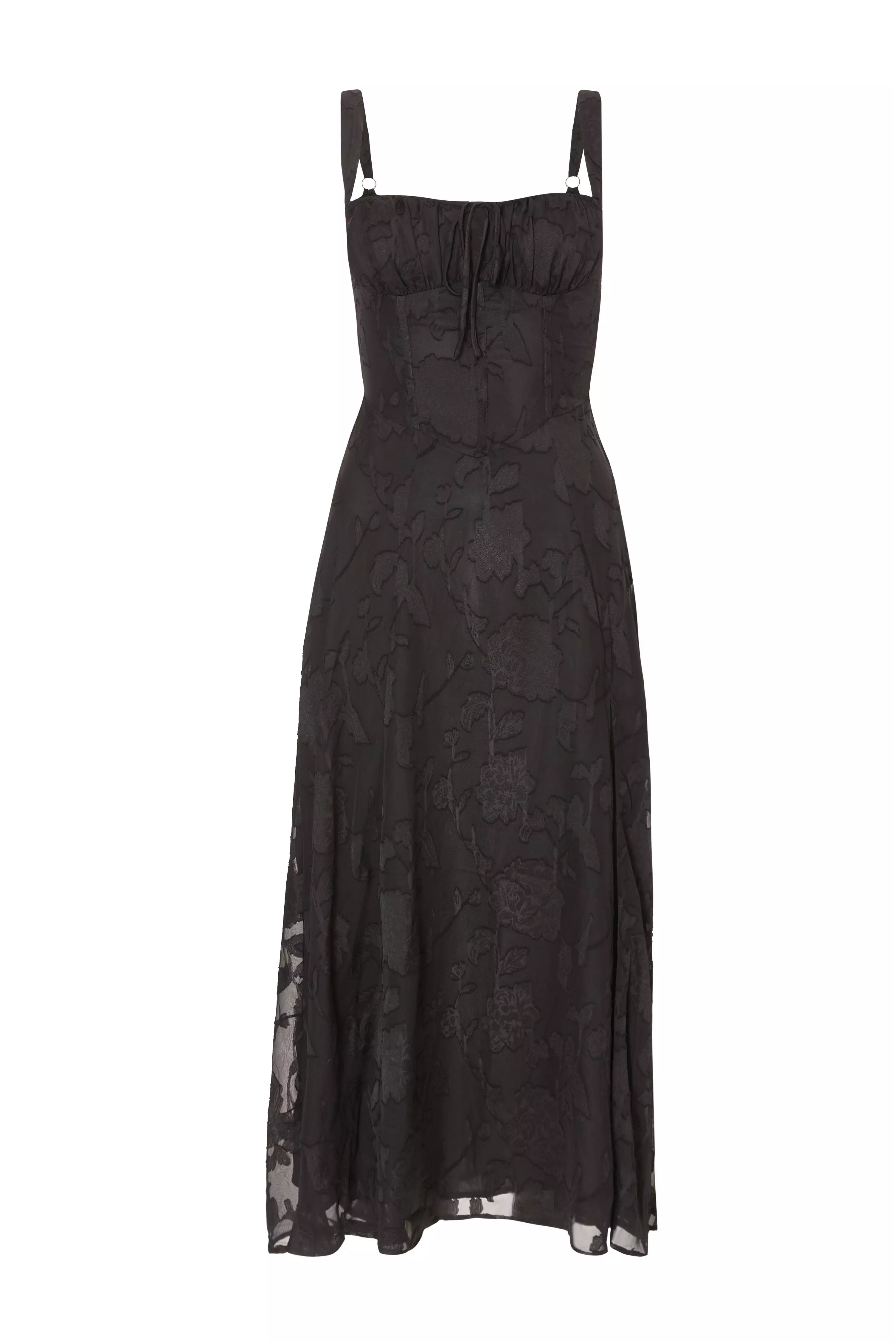Black Jacquard Ruched Midaxi Dress