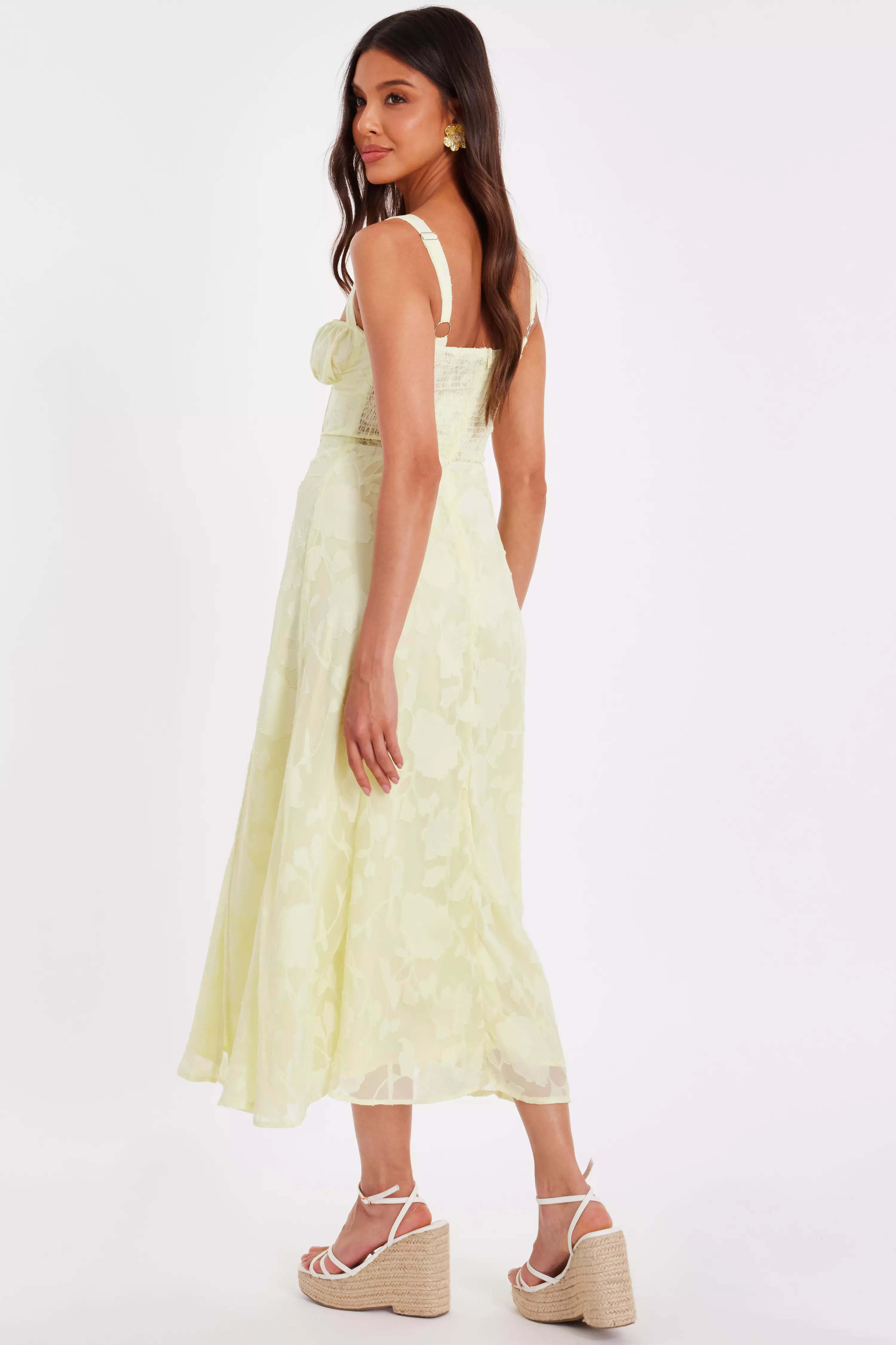 Yellow Jacquard Ruched Midaxi Dress