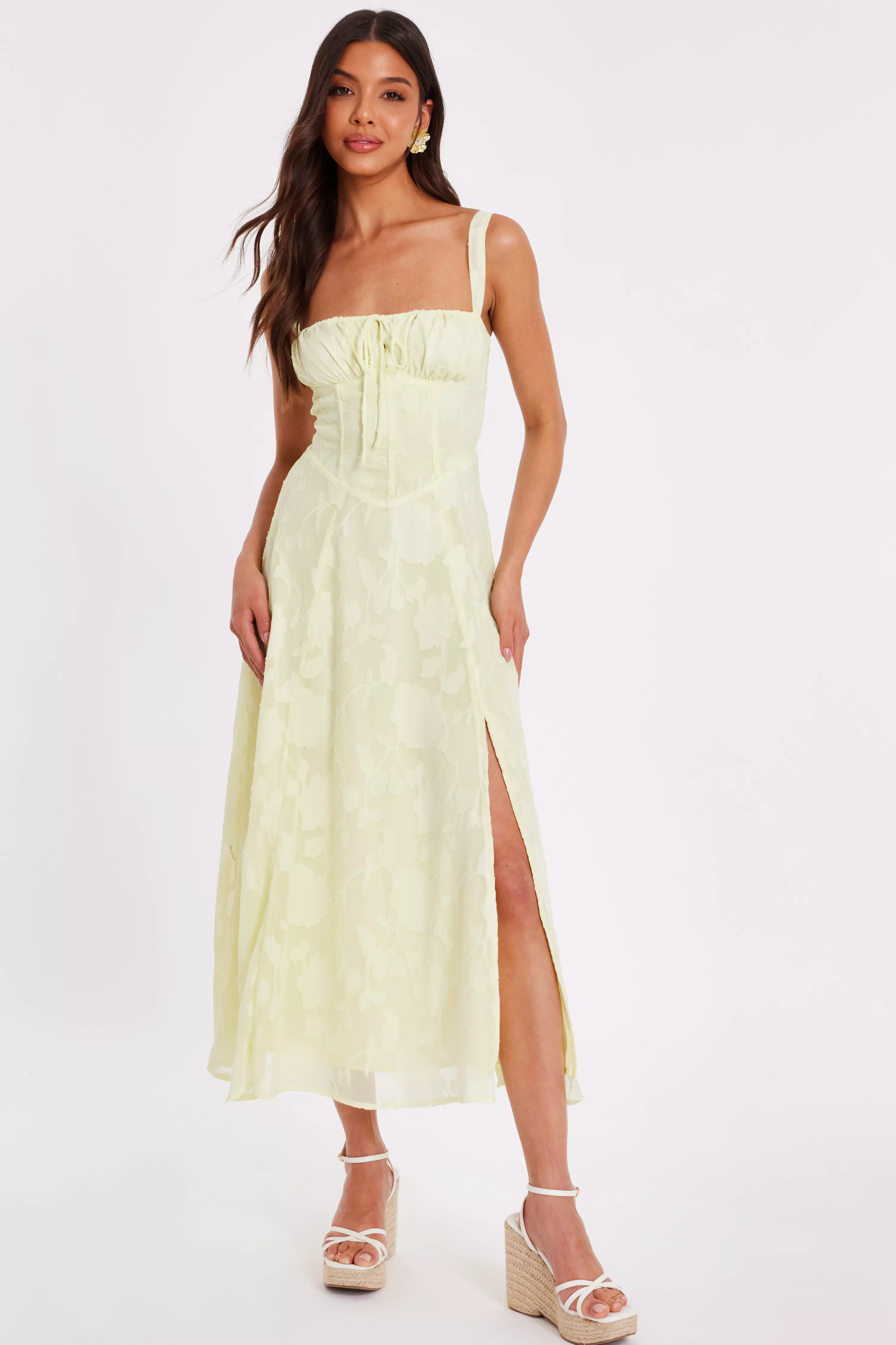 Yellow Jacquard Ruched Midaxi Dress