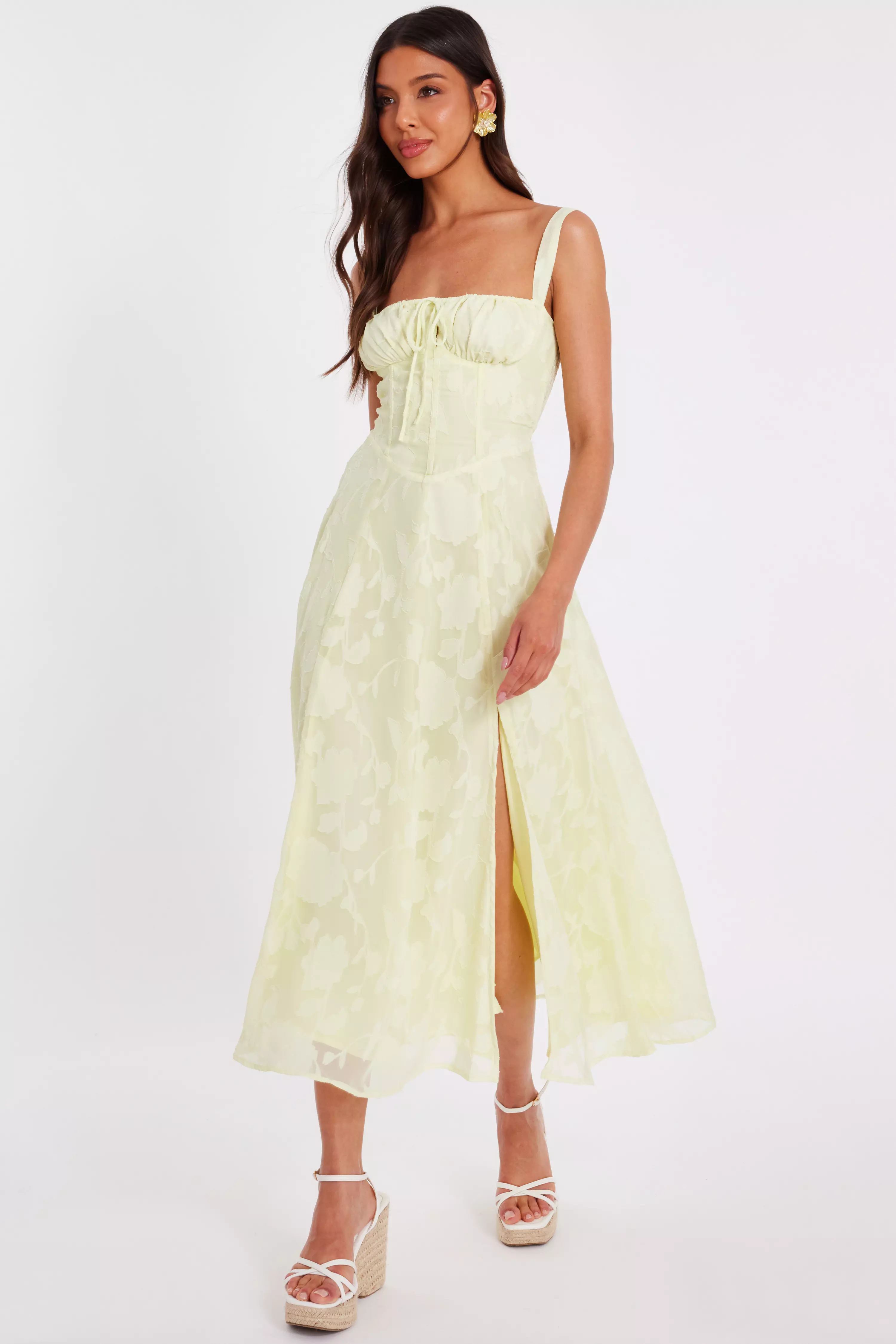 Yellow Jacquard Ruched Midaxi Dress
