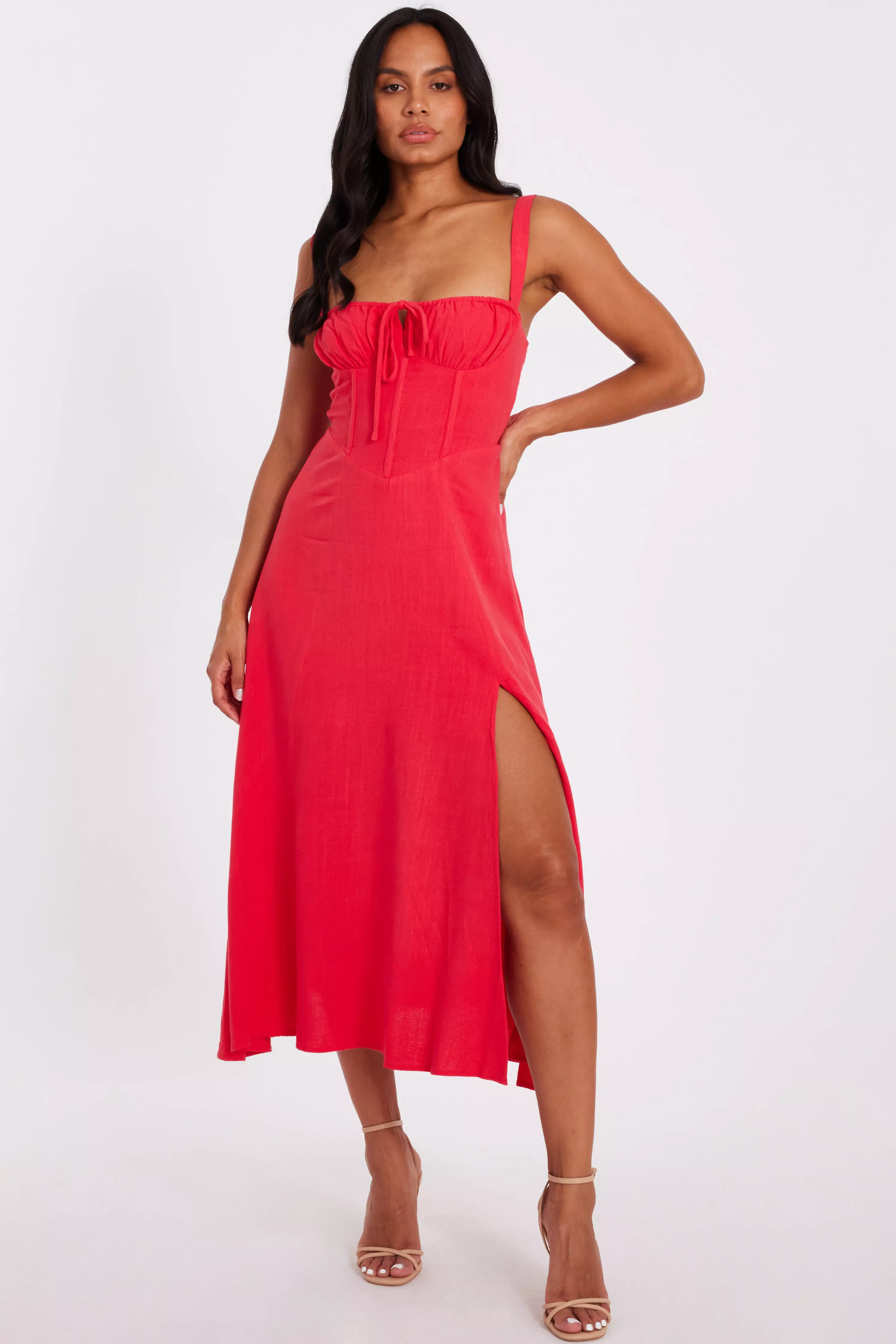 Red Corset Detail Midaxi Dress