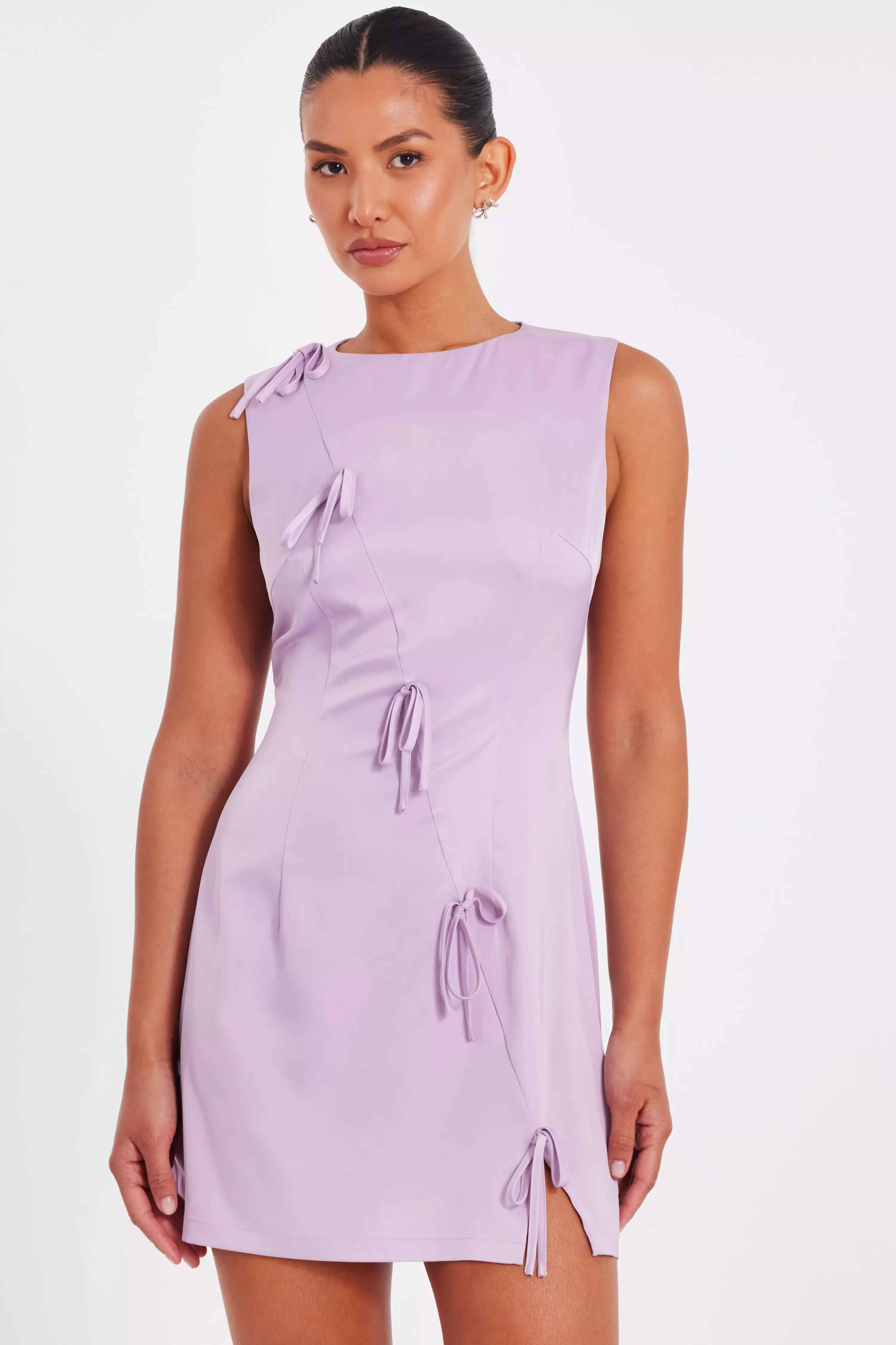 Lilac Satin Bow Mini Dress