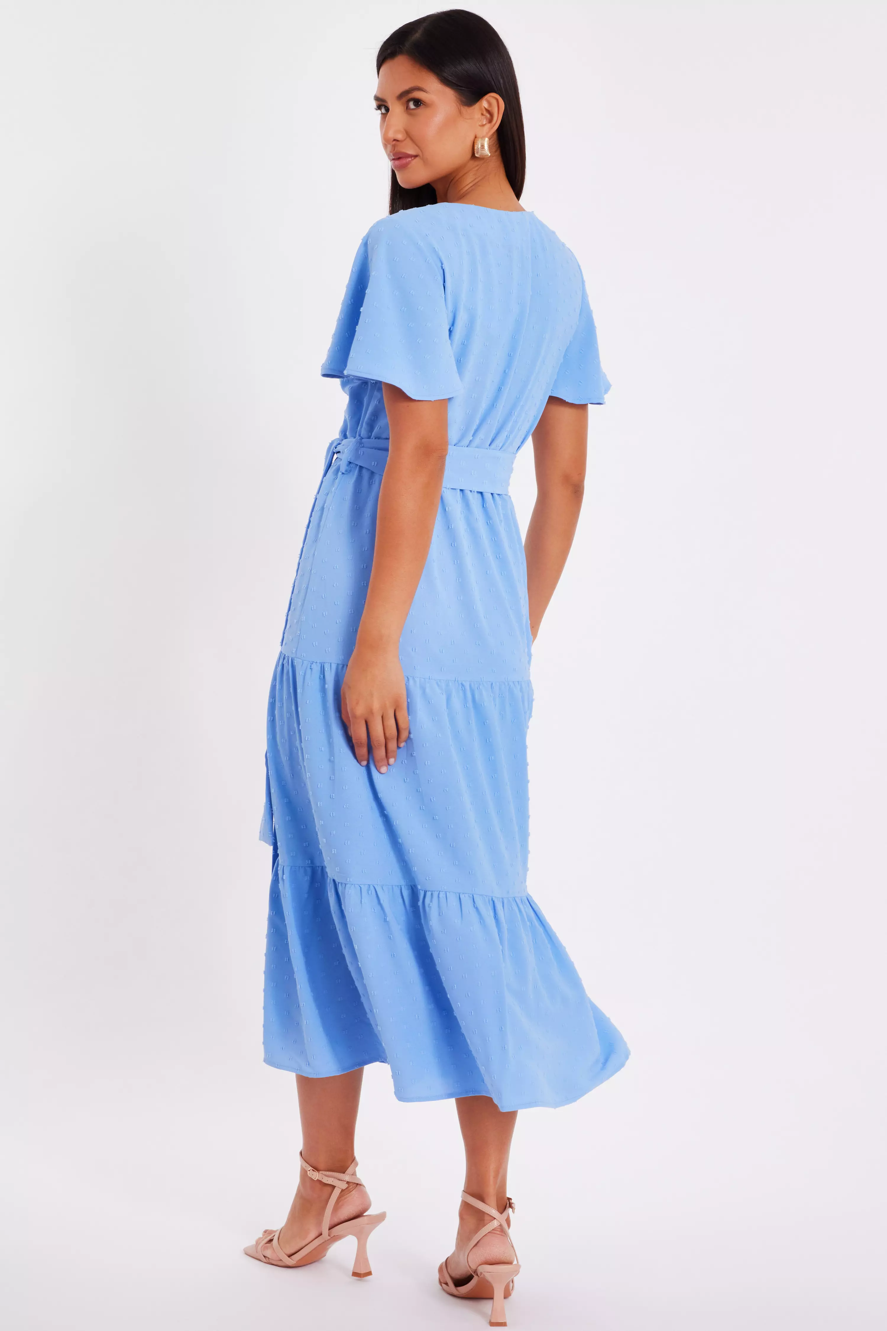 Blue Dobby Tie Waist Midi Dress
