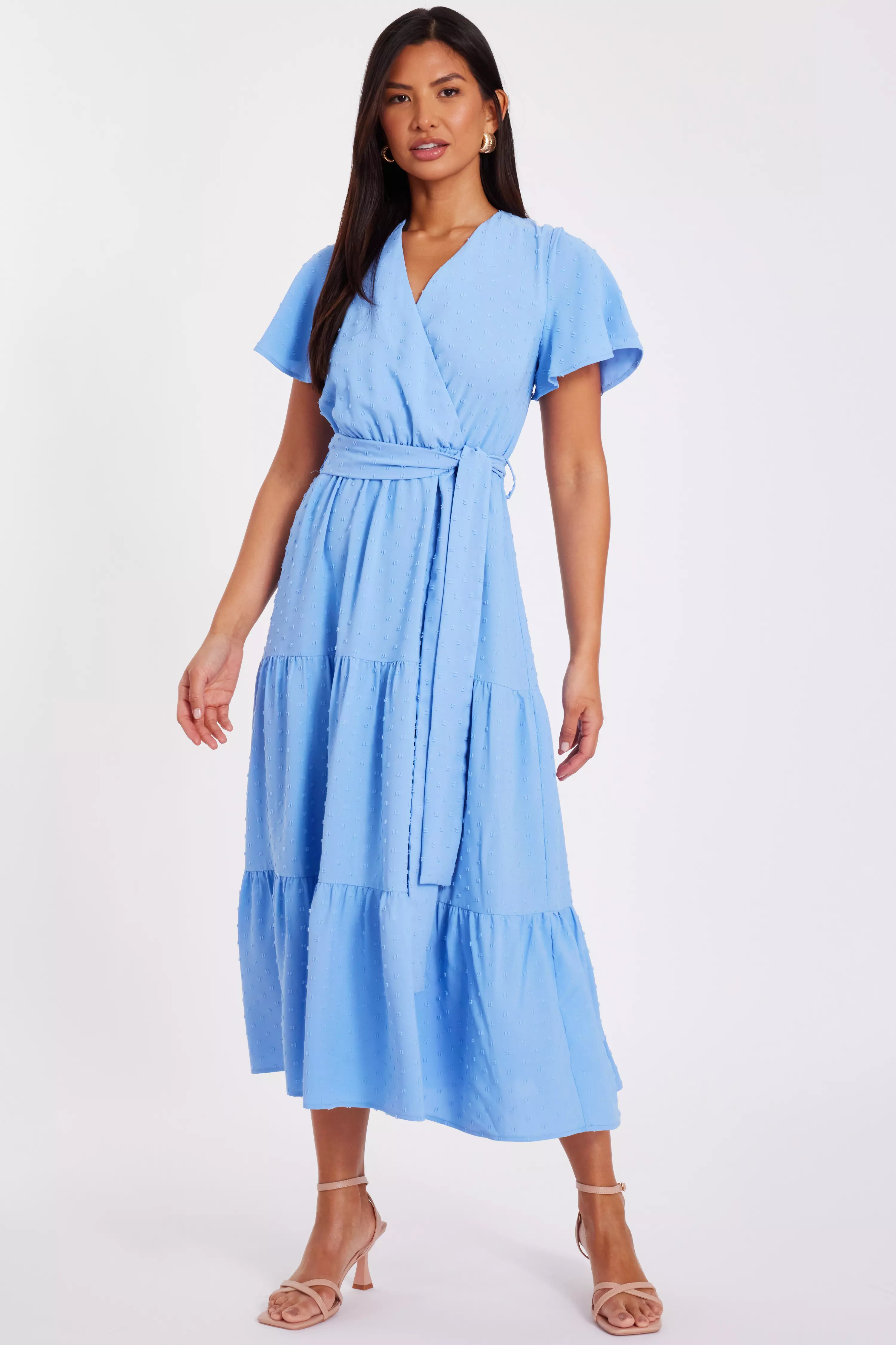 Blue Dobby Tie Waist Midi Dress

