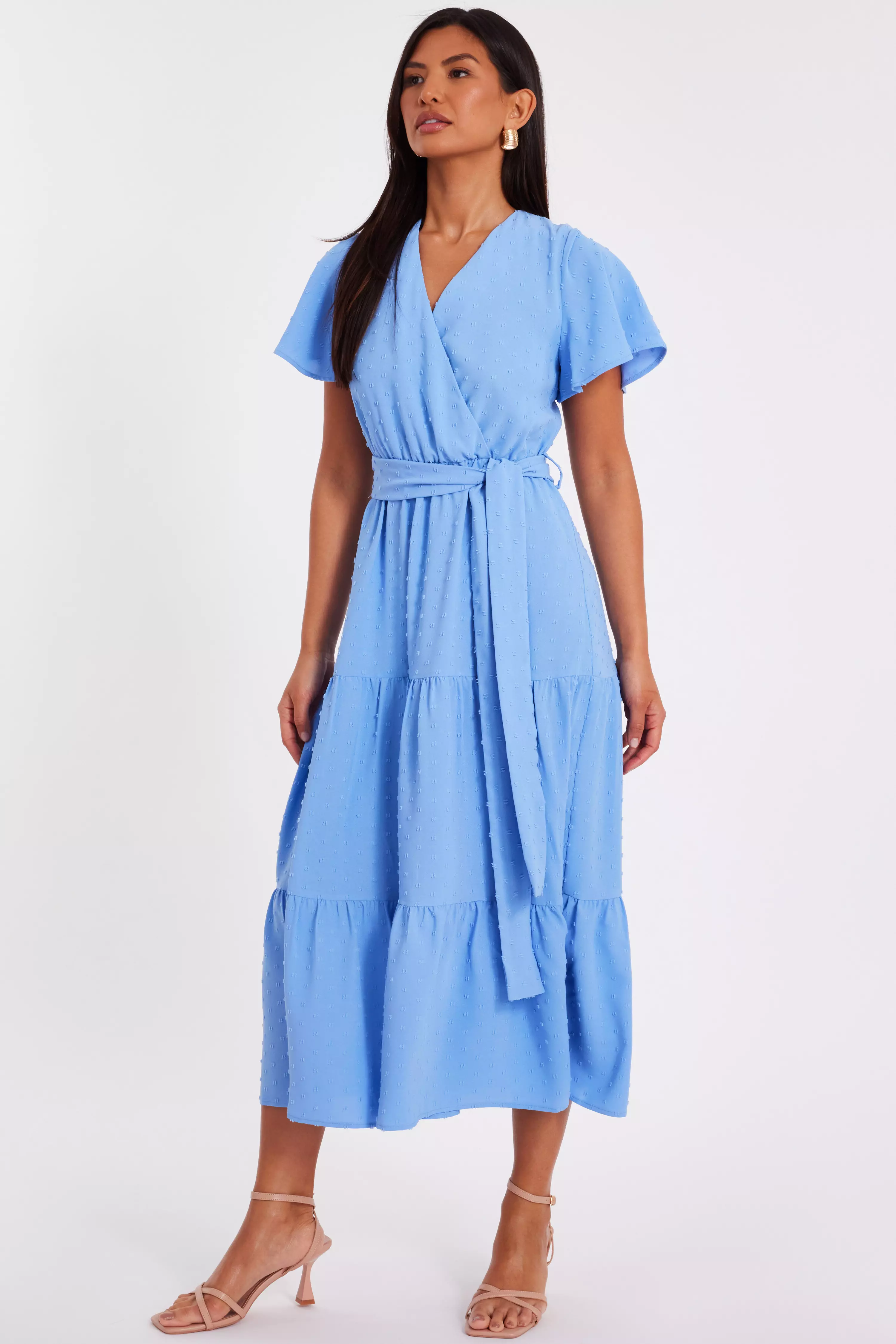 Blue Dobby Tie Waist Midi Dress
