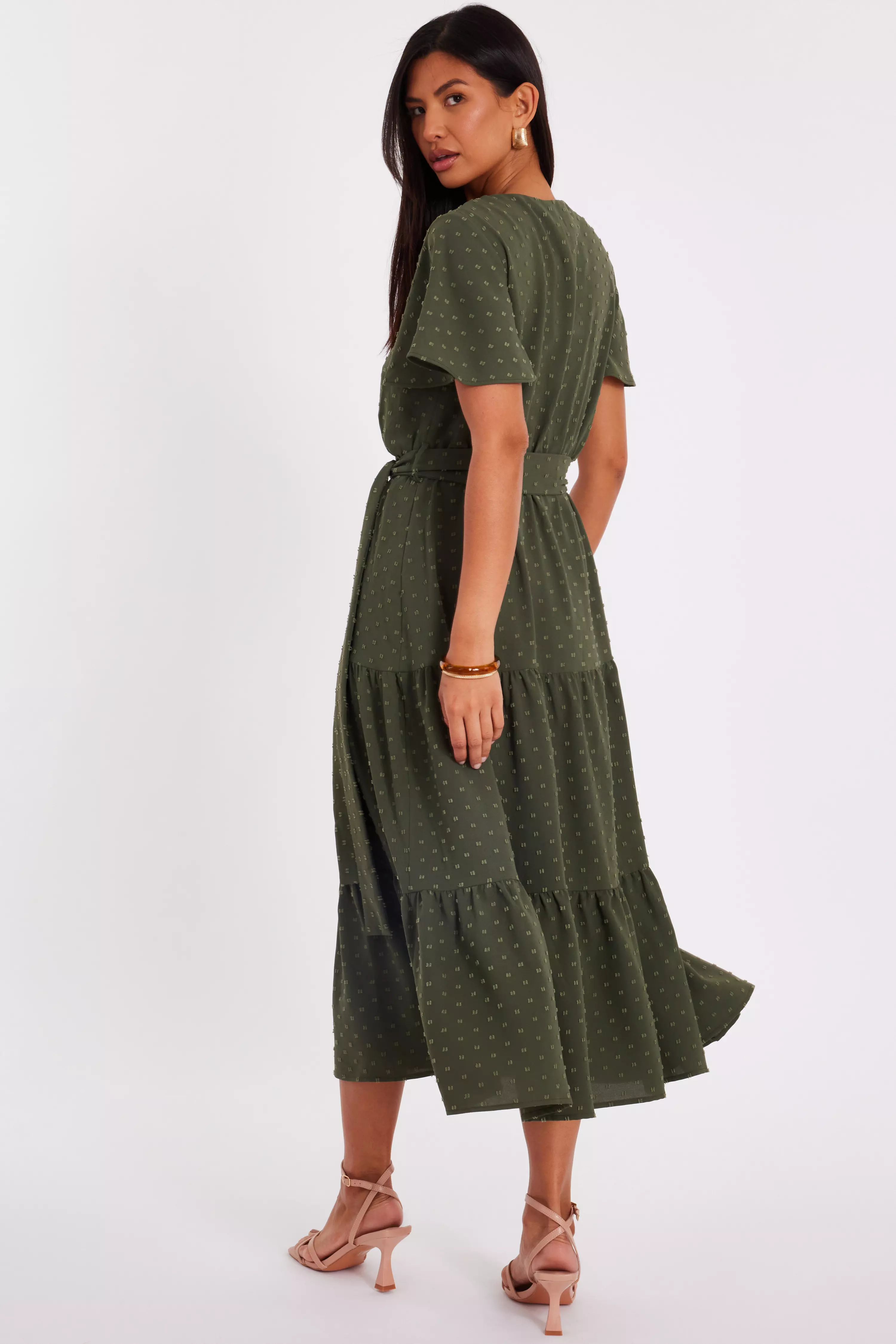Khaki Dobby Tie Waist Midi Dress

