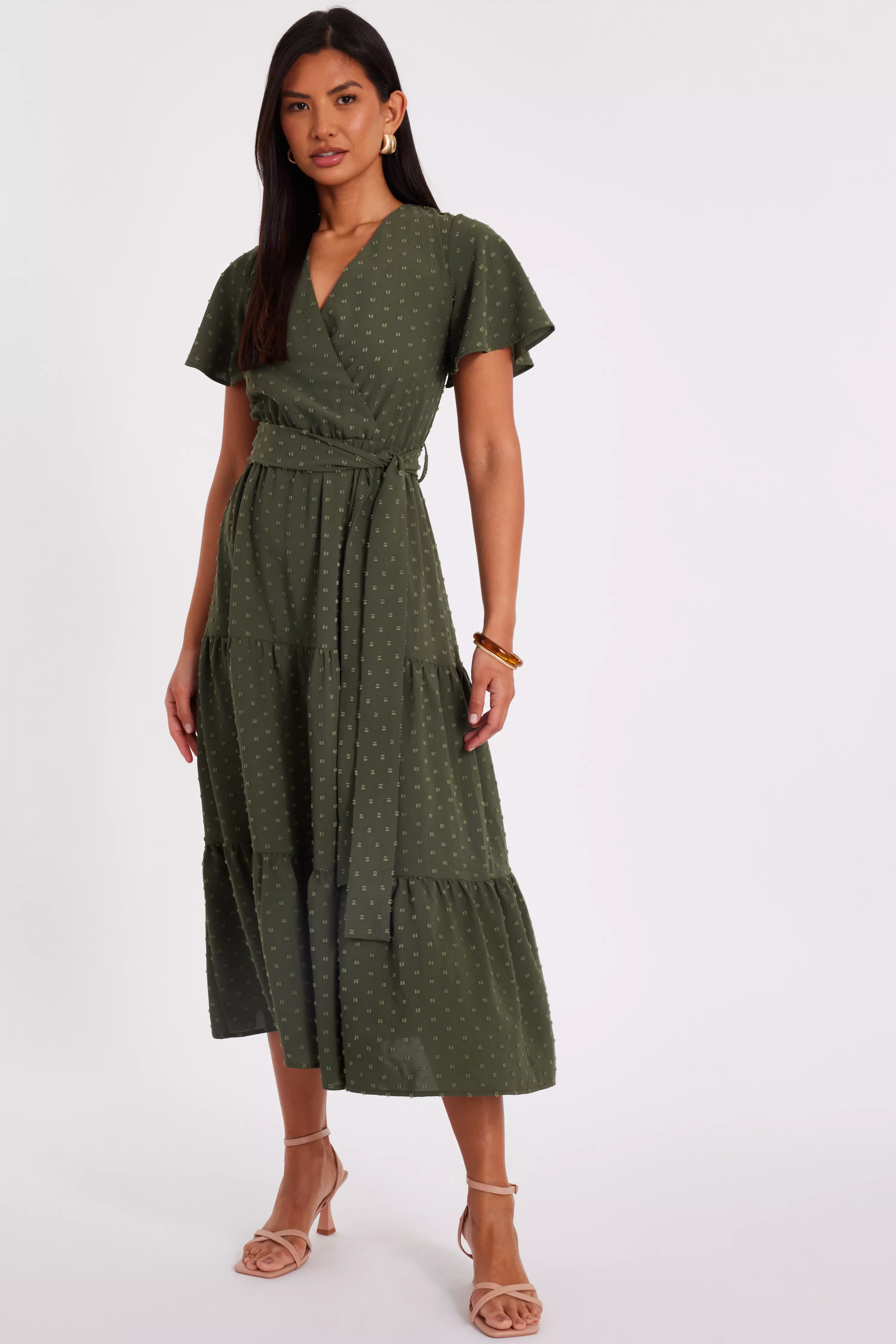 Khaki Dobby Tie Waist Midi Dress
