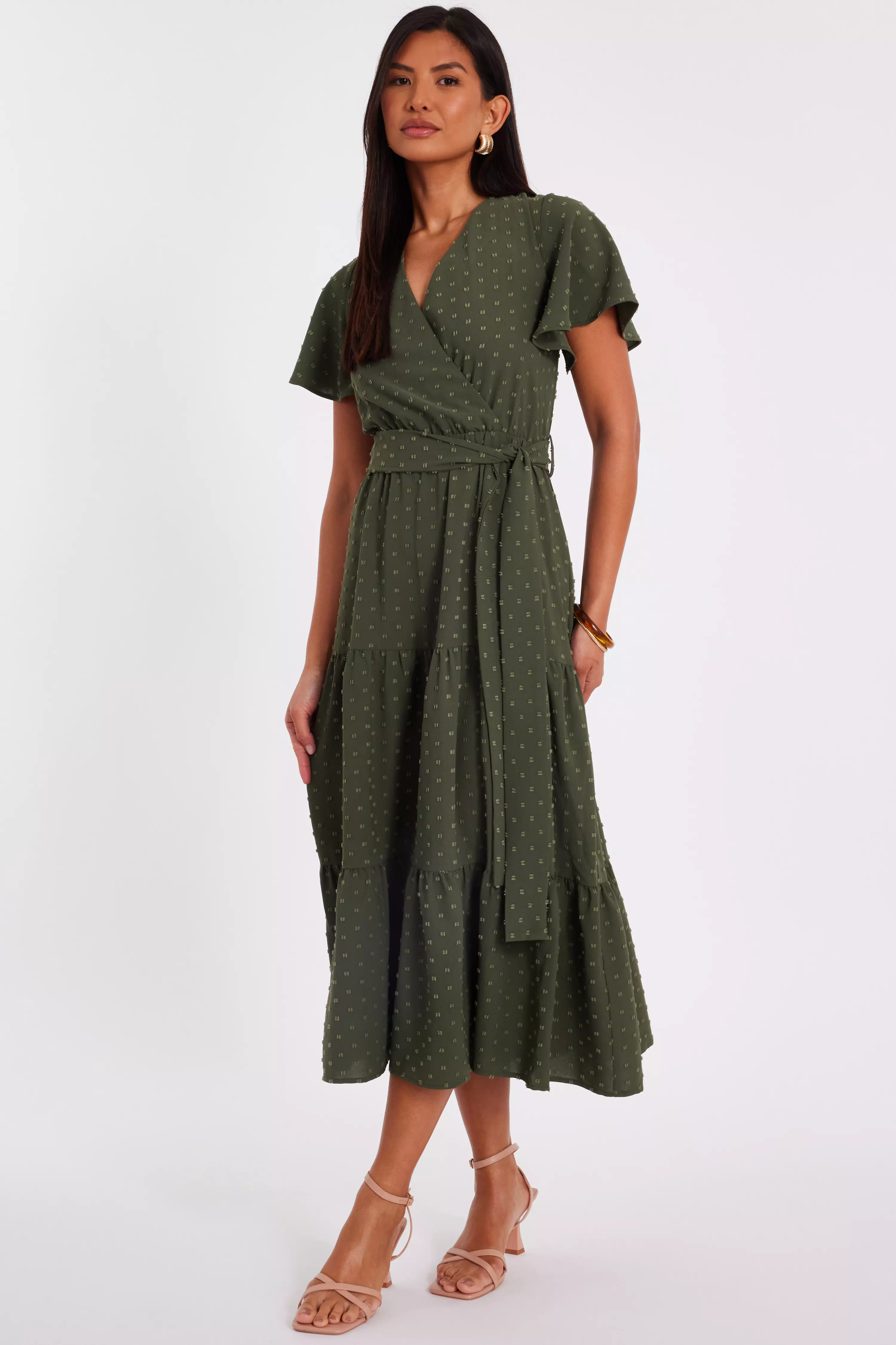 Khaki Dobby Tie Waist Midi Dress
