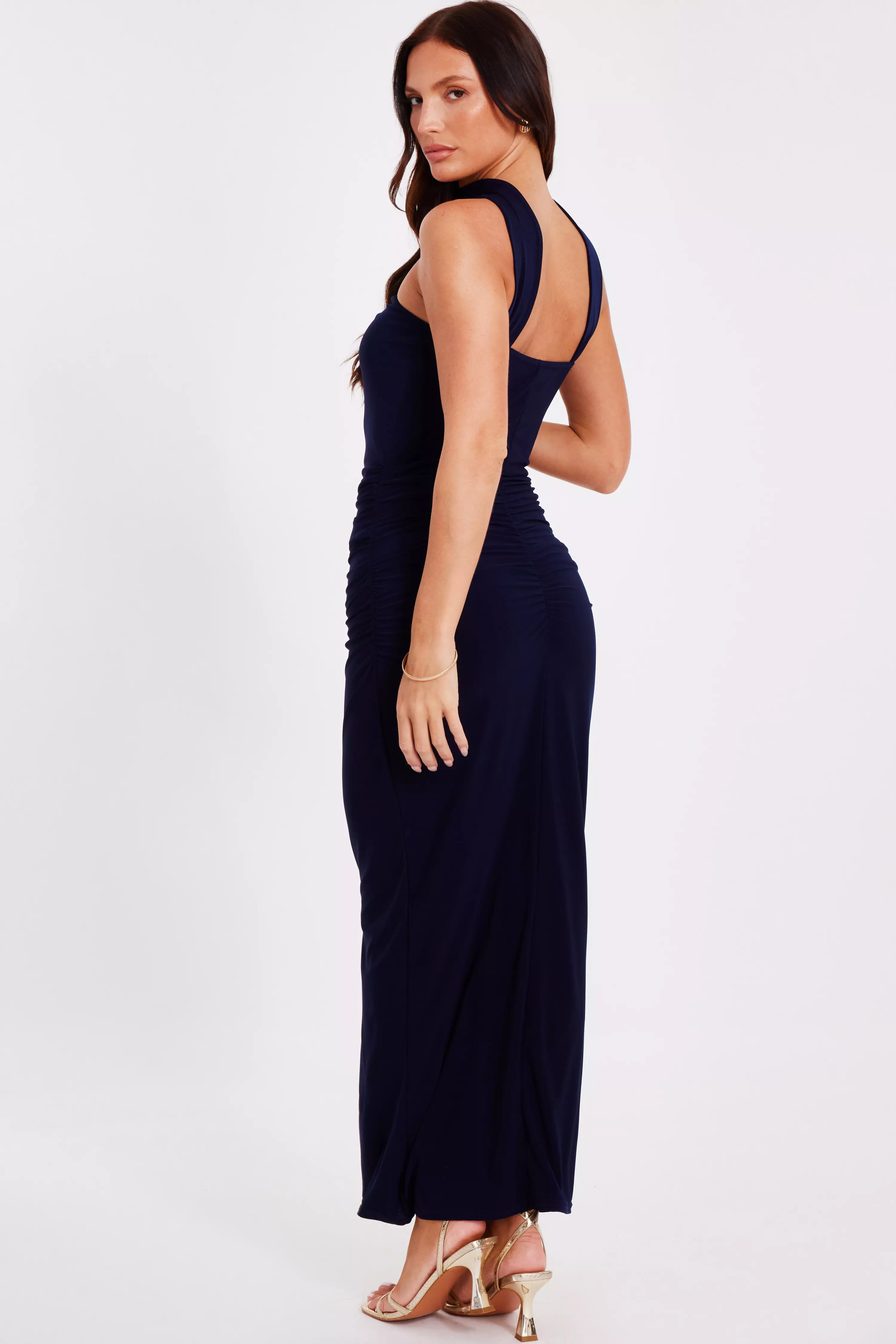 Navy Collar Detail Ruched Midaxi Dress