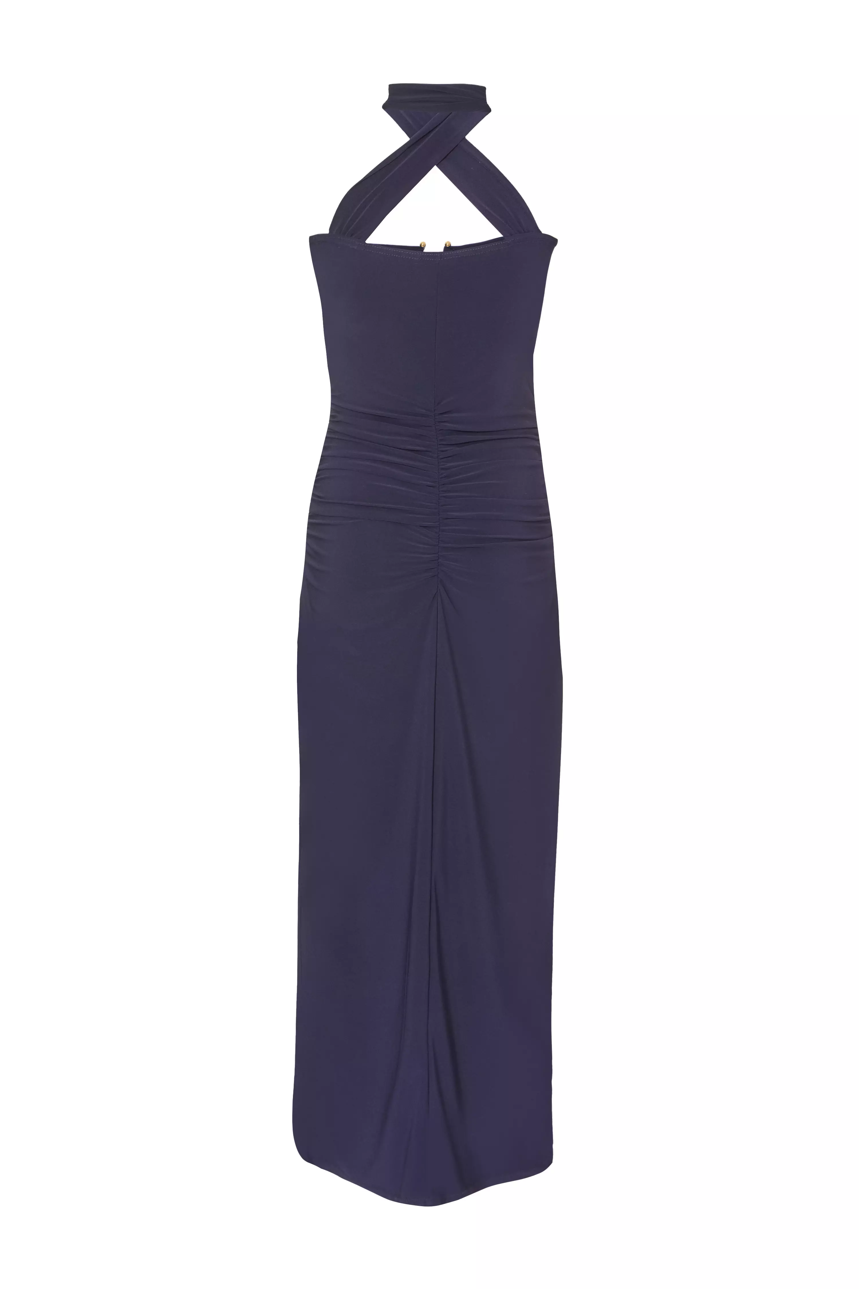 Navy Collar Detail Ruched Midaxi Dress