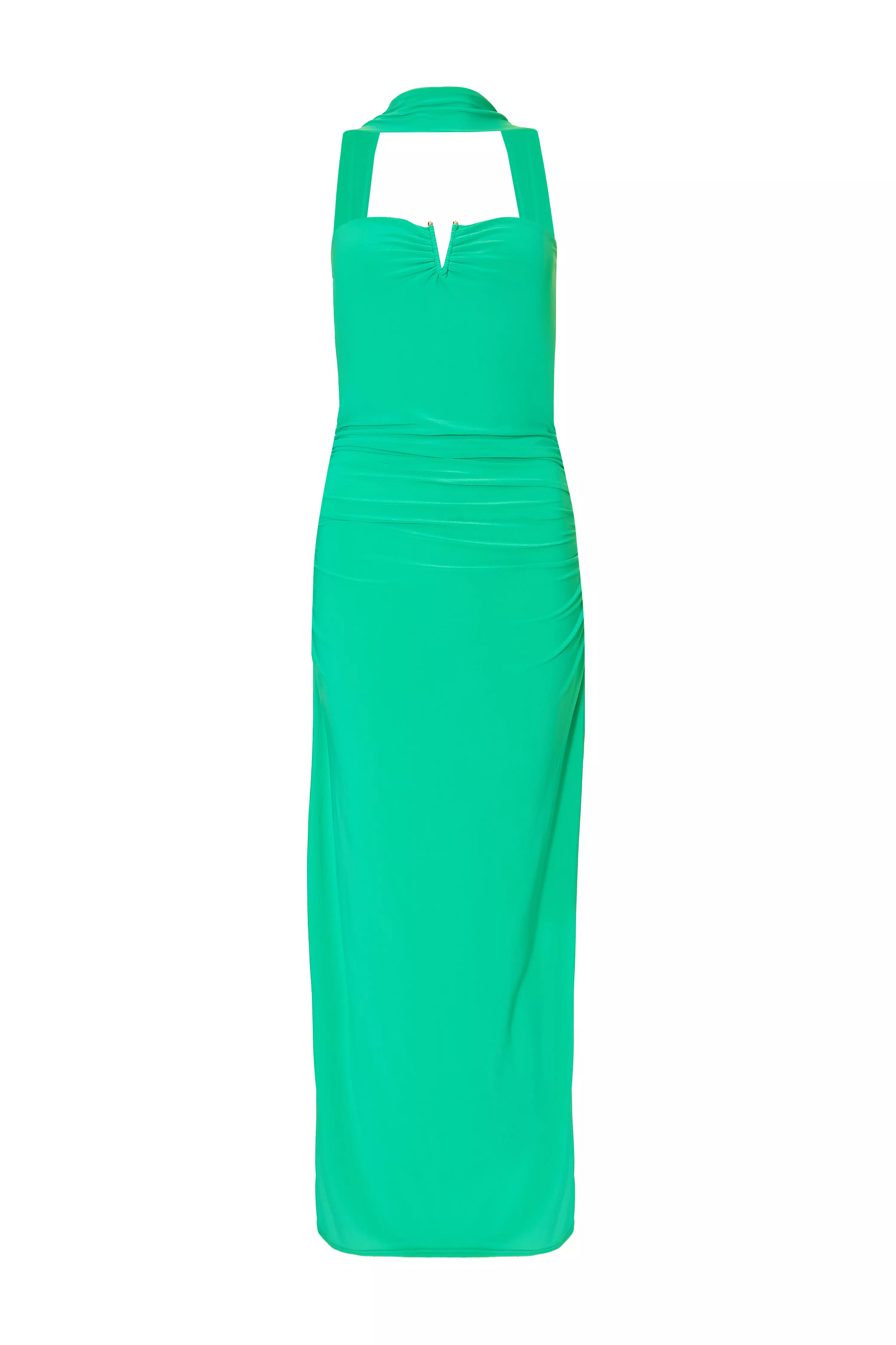 Green Collar Detail Ruched Midaxi Dress