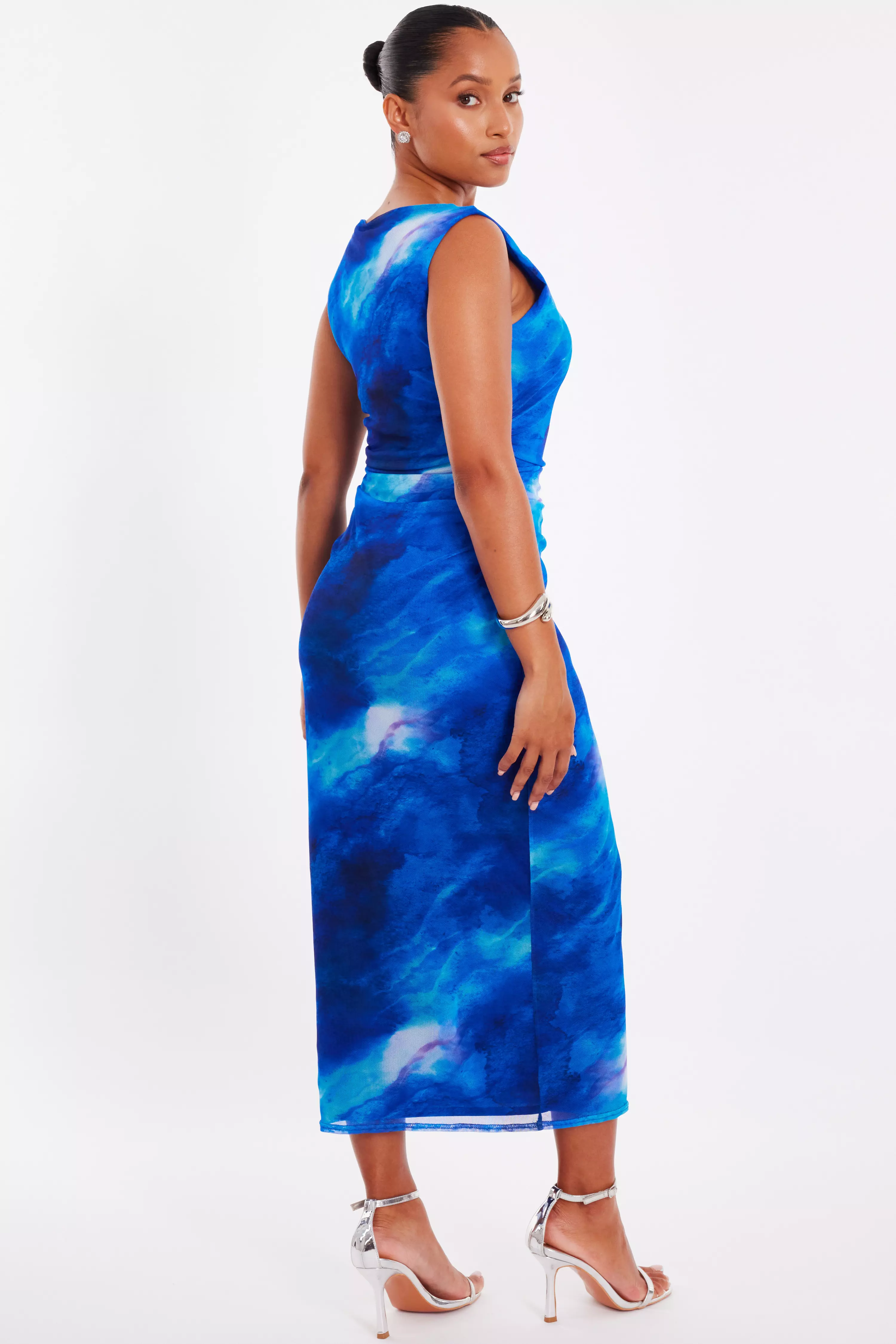 Petite Blue Mesh Marble Midaxi Dress