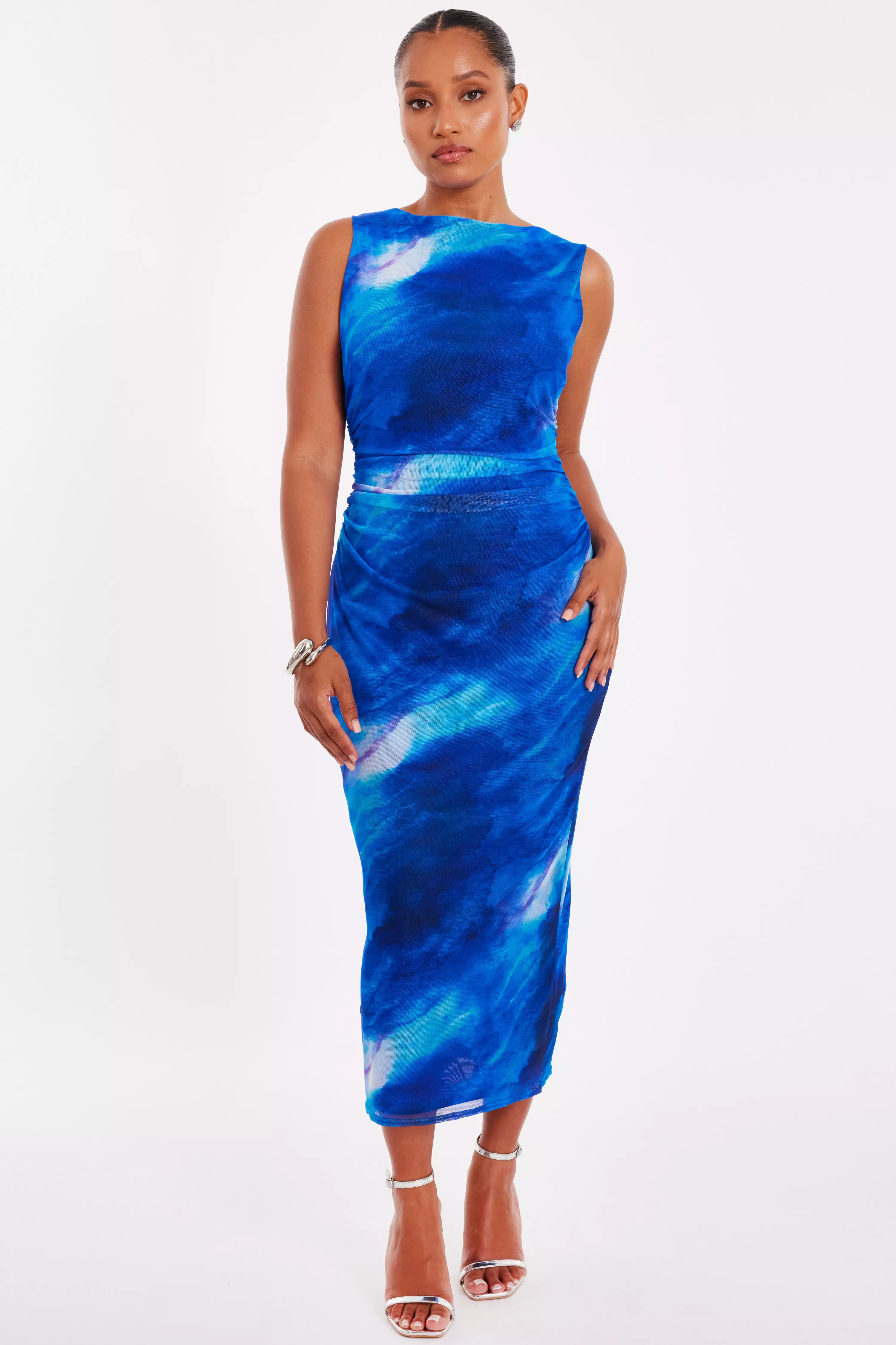 Petite Blue Mesh Marble Midaxi Dress