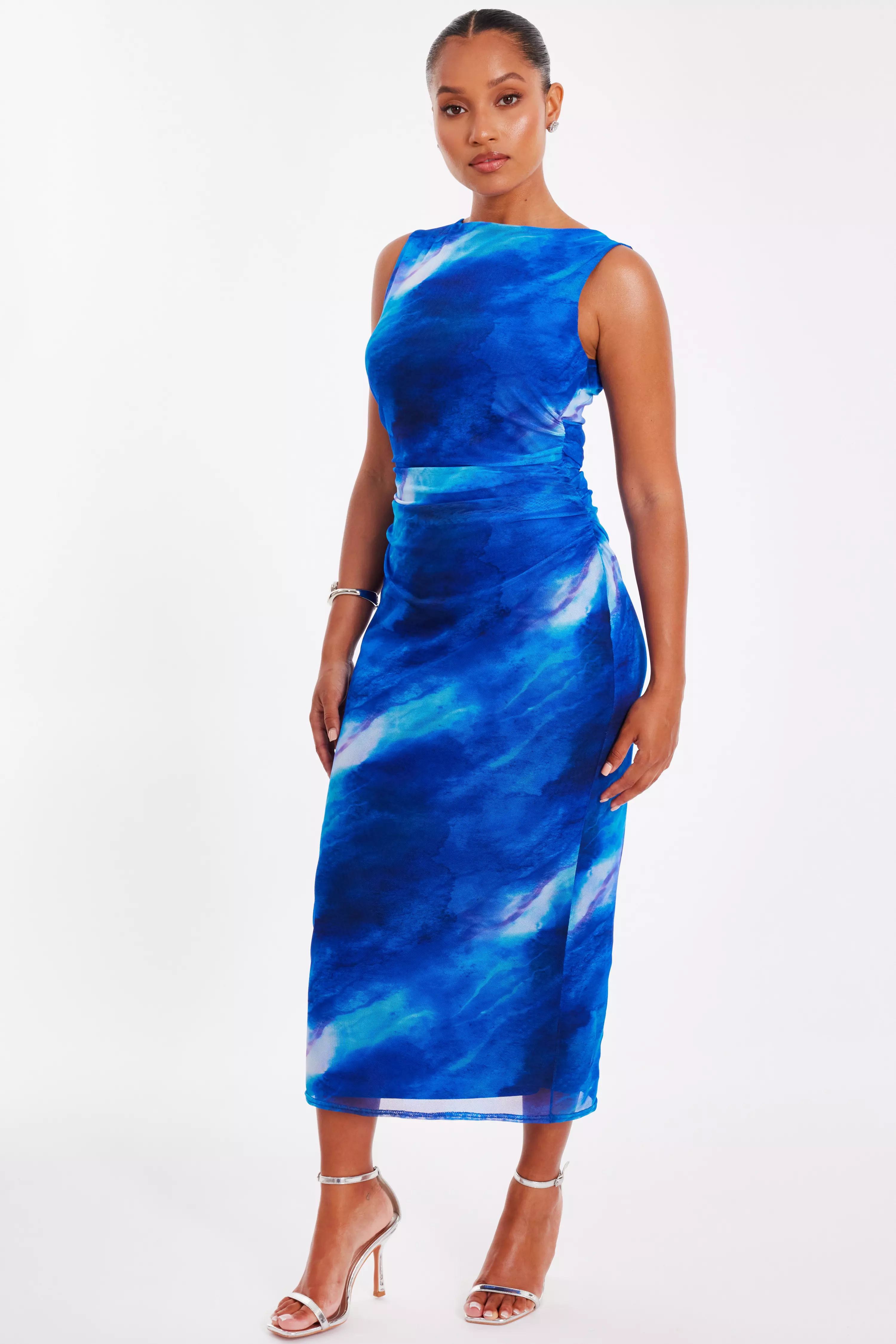 Petite Blue Mesh Marble Midaxi Dress