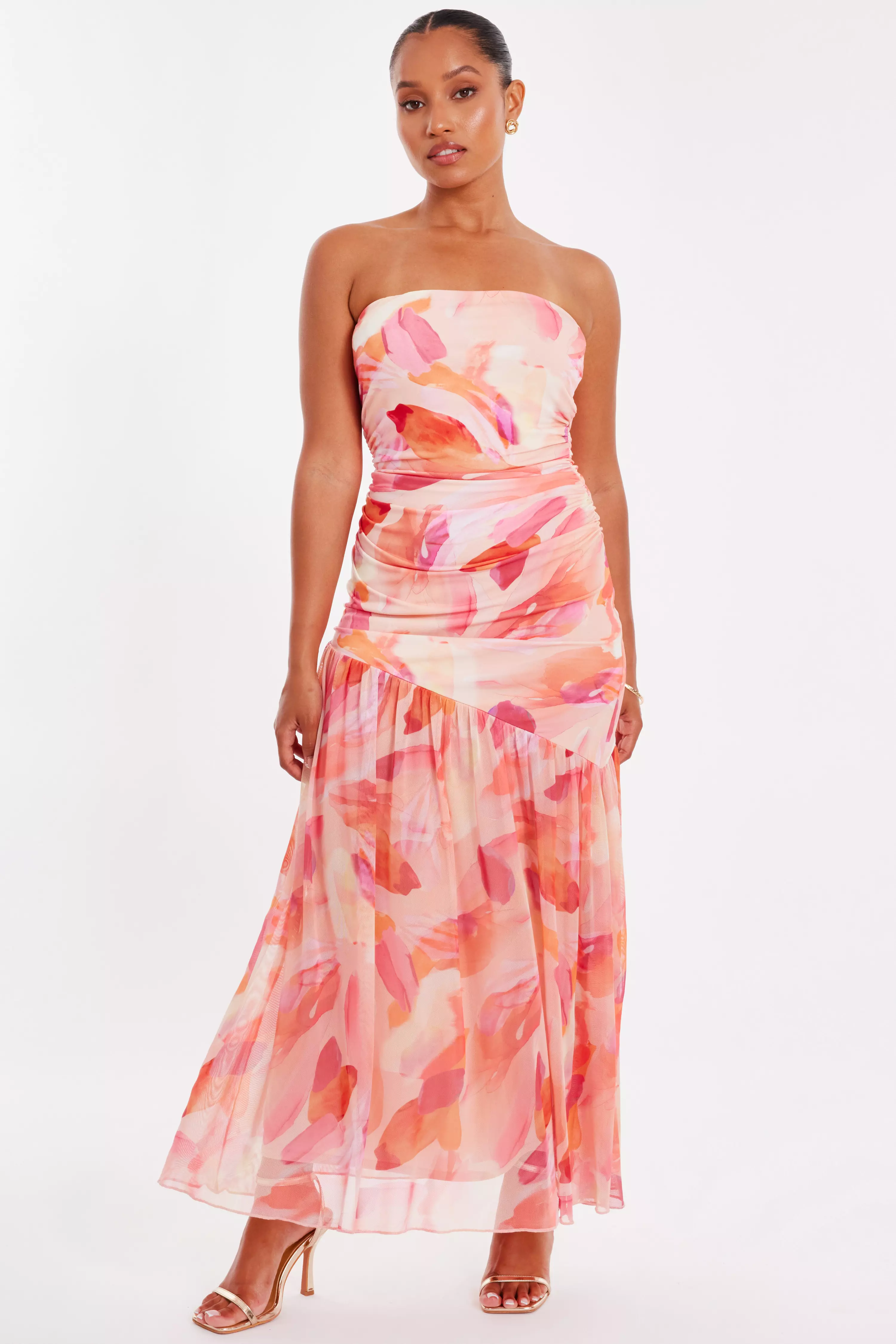 Petite Coral Mesh Floral Midaxi Dress