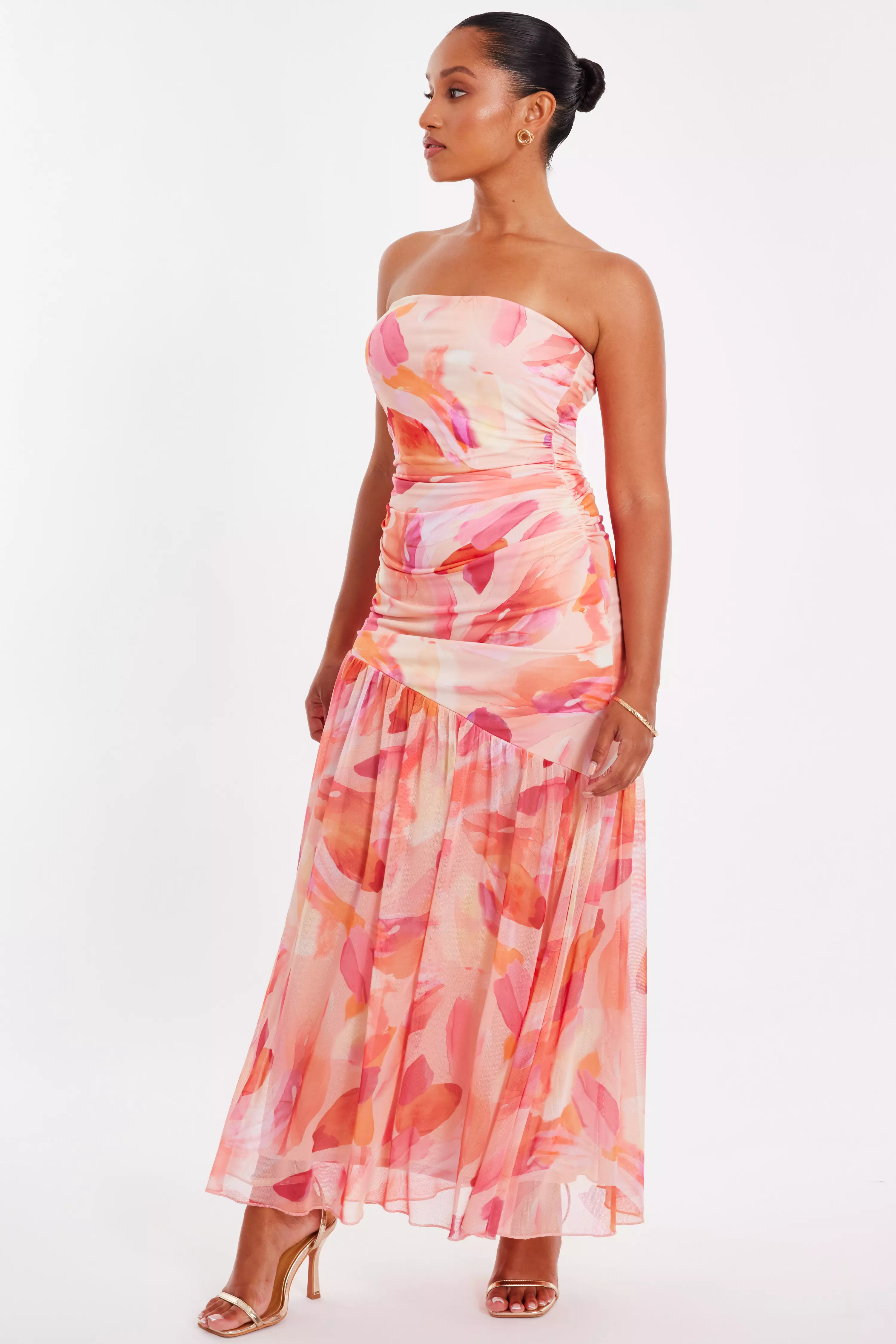 Petite Coral Mesh Floral Midaxi Dress