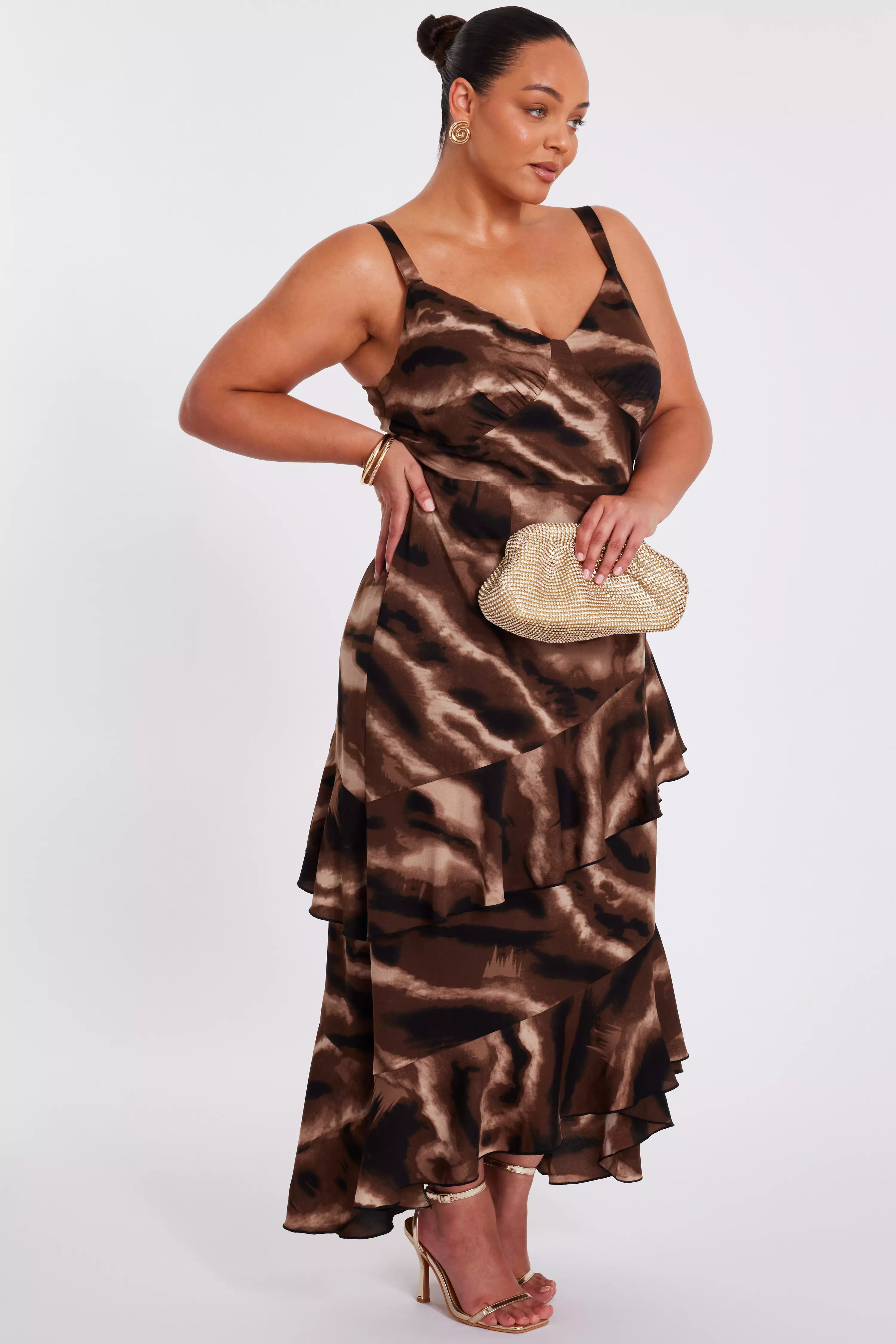 Curve Brown Abstract Chiffon Midaxi Dress