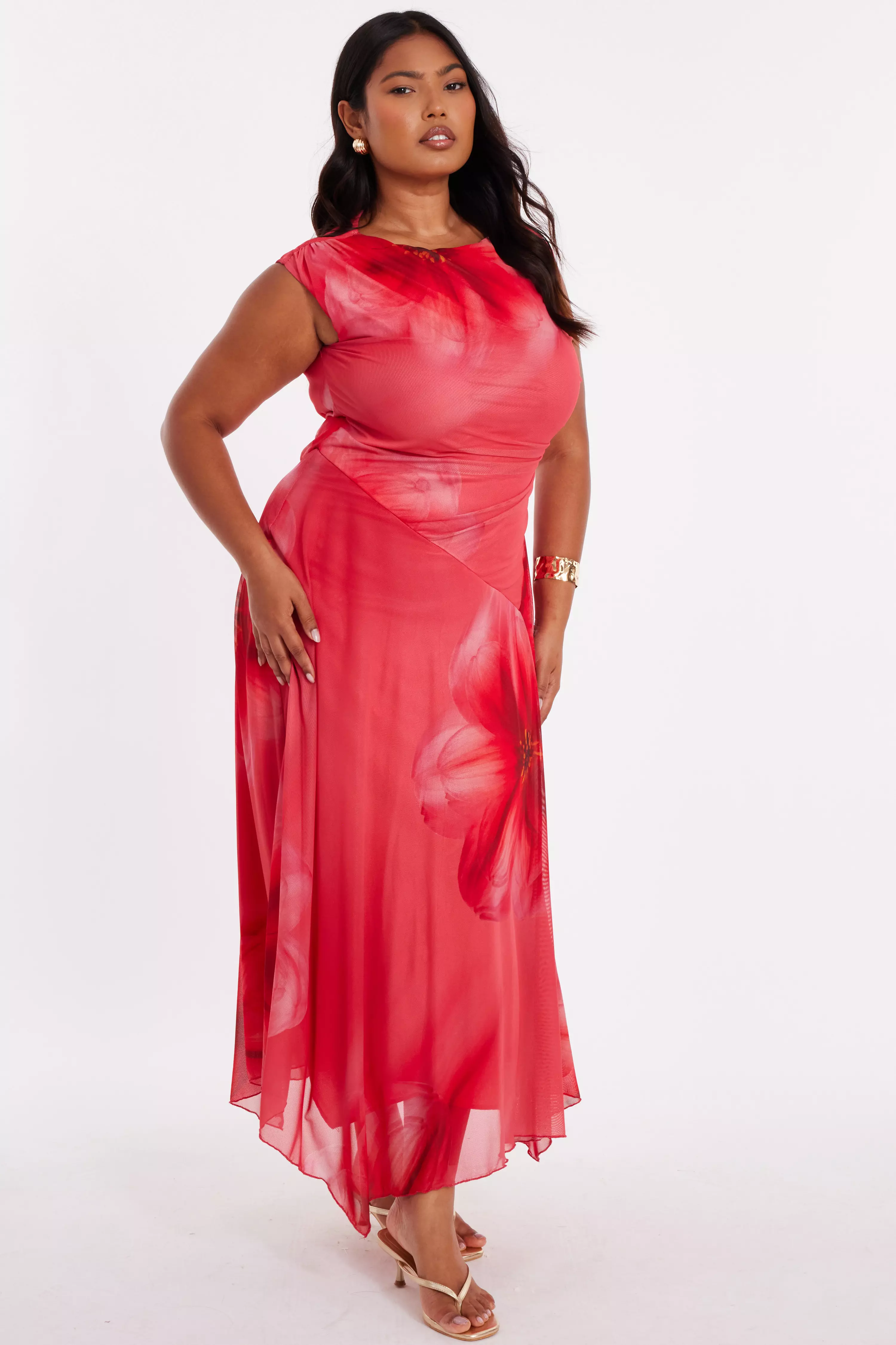 Curve Coral Mesh Midaxi Dress