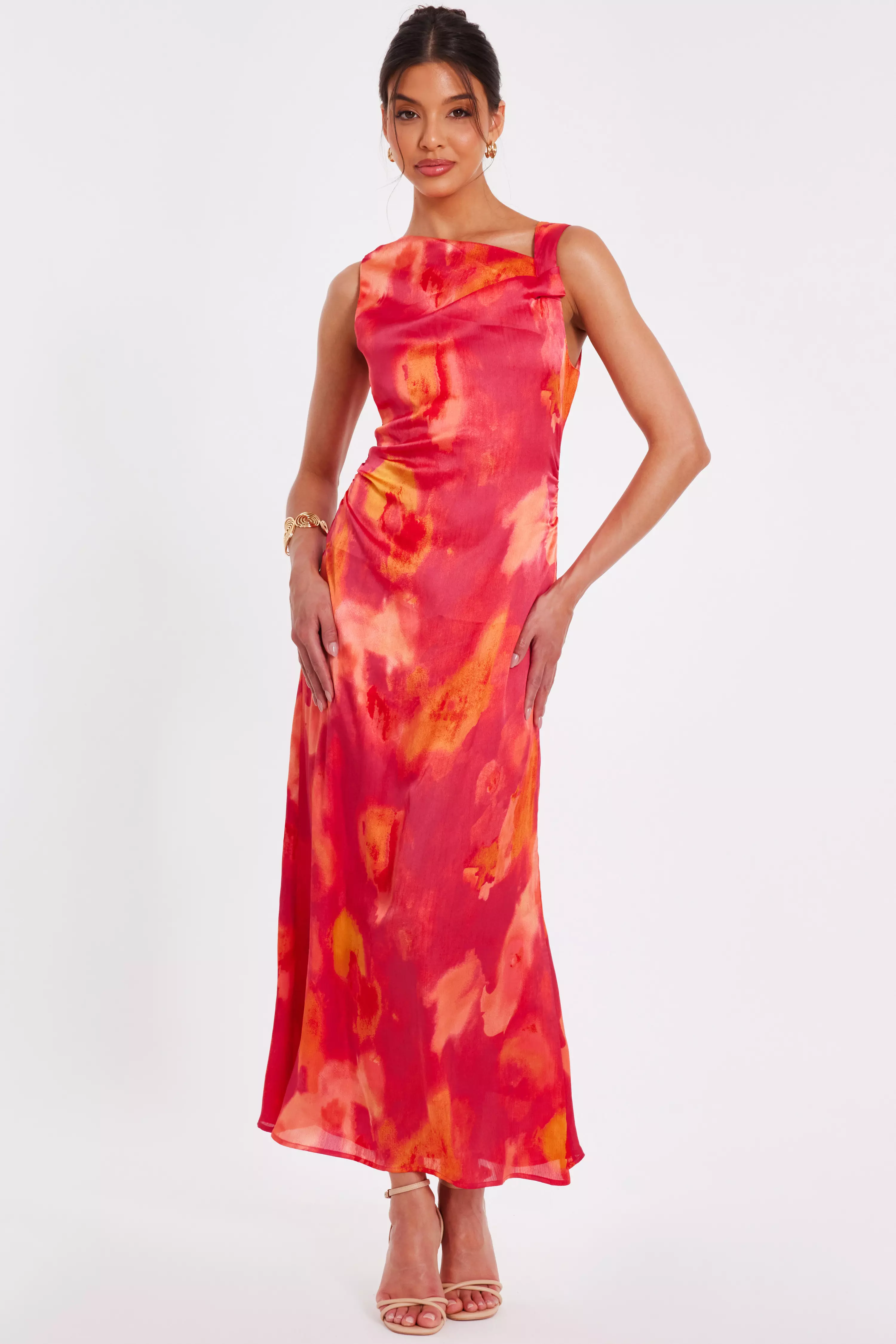 Pink Satin Marble Midaxi Dress