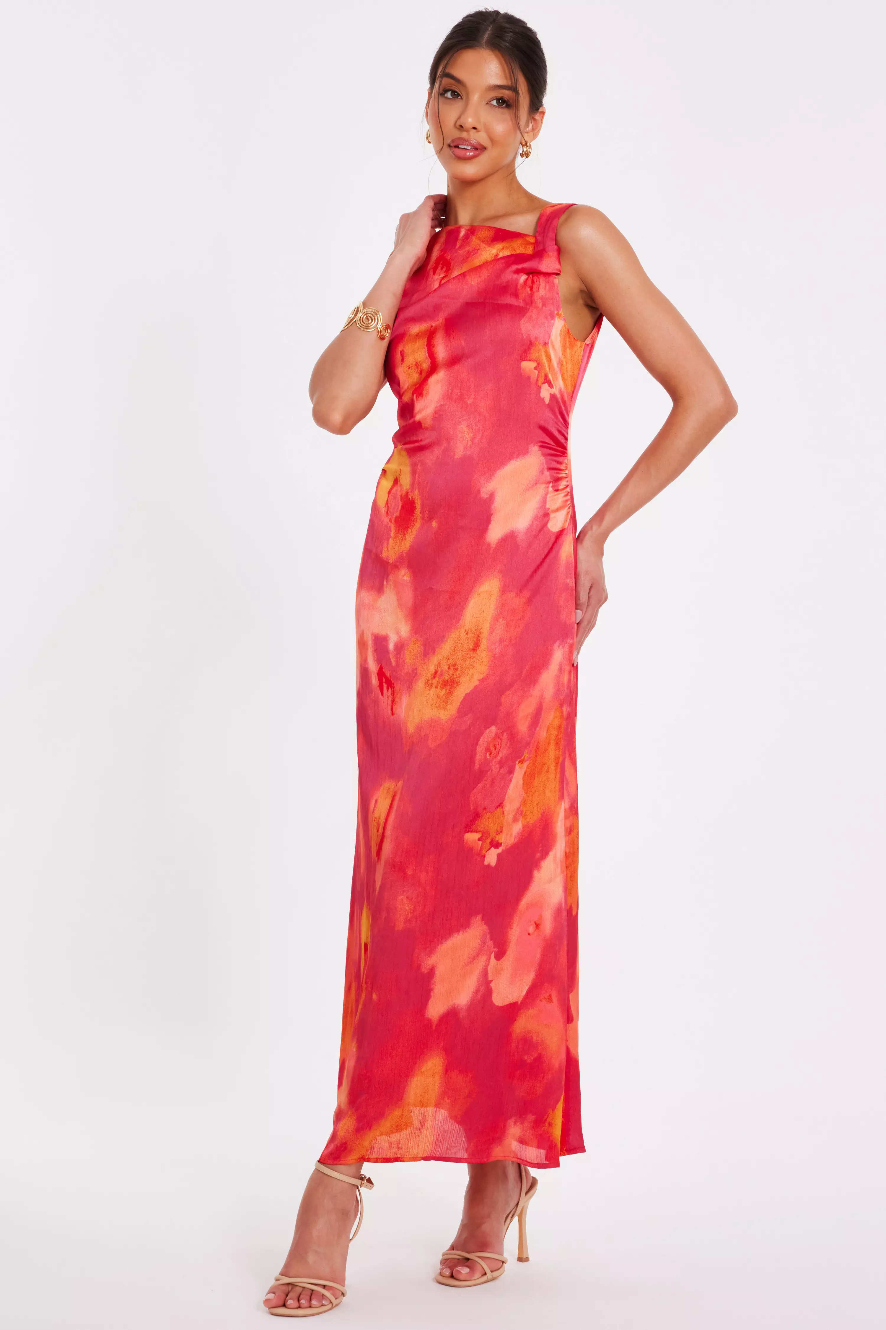 Pink Satin Marble Midaxi Dress