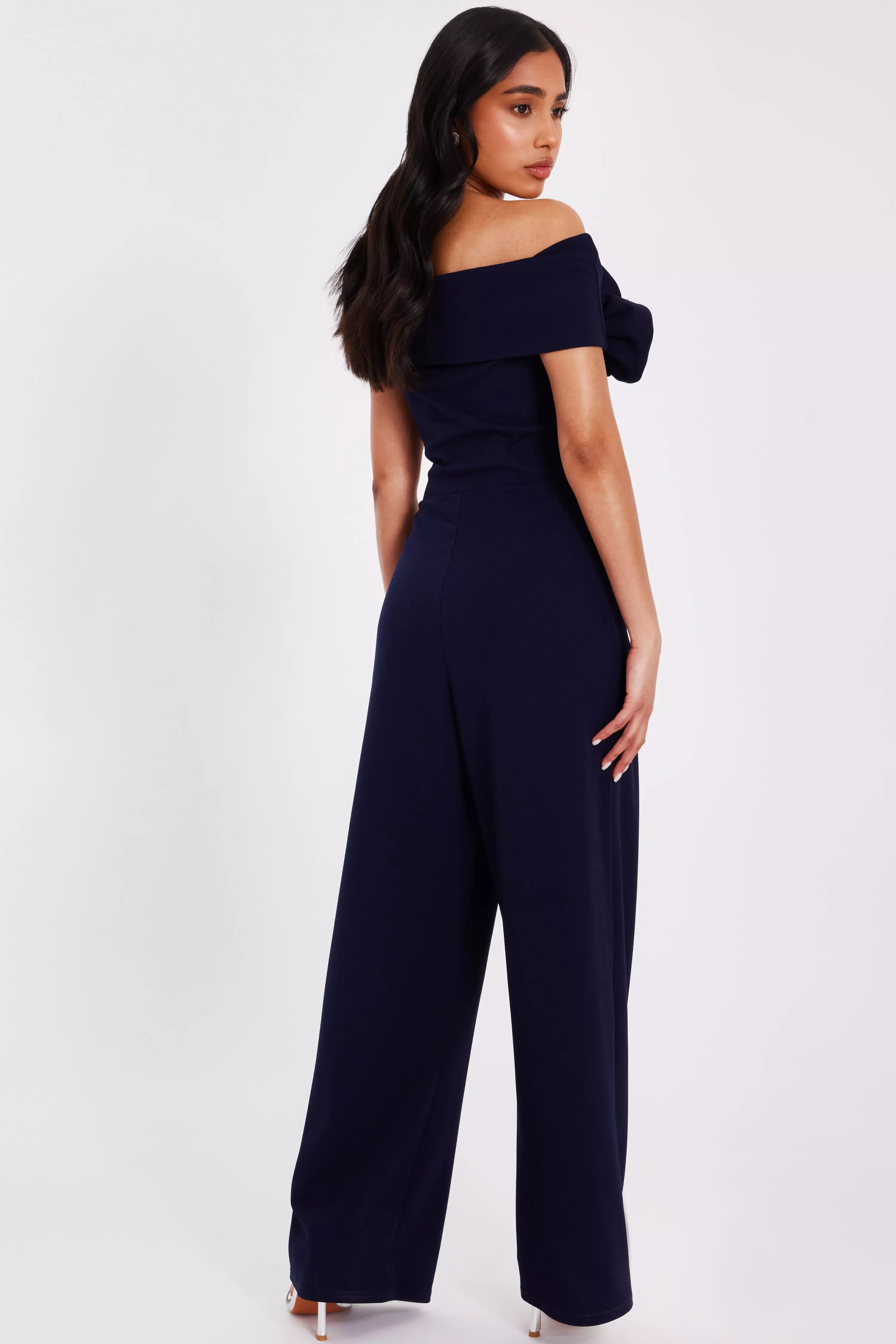 Petite Navy Bardot Floral Corsage Jumpsuit