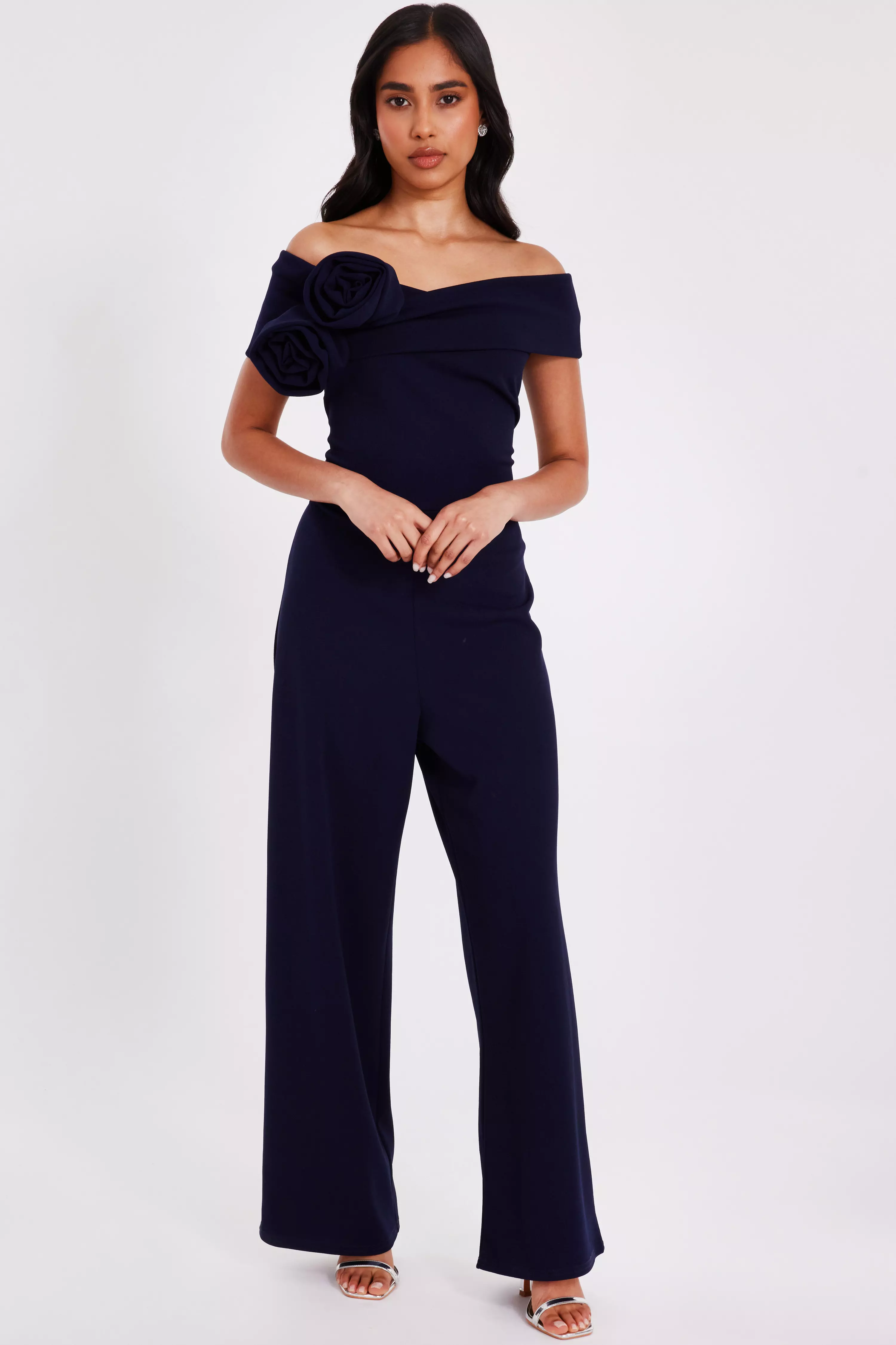 Petite Navy Bardot Floral Corsage Jumpsuit