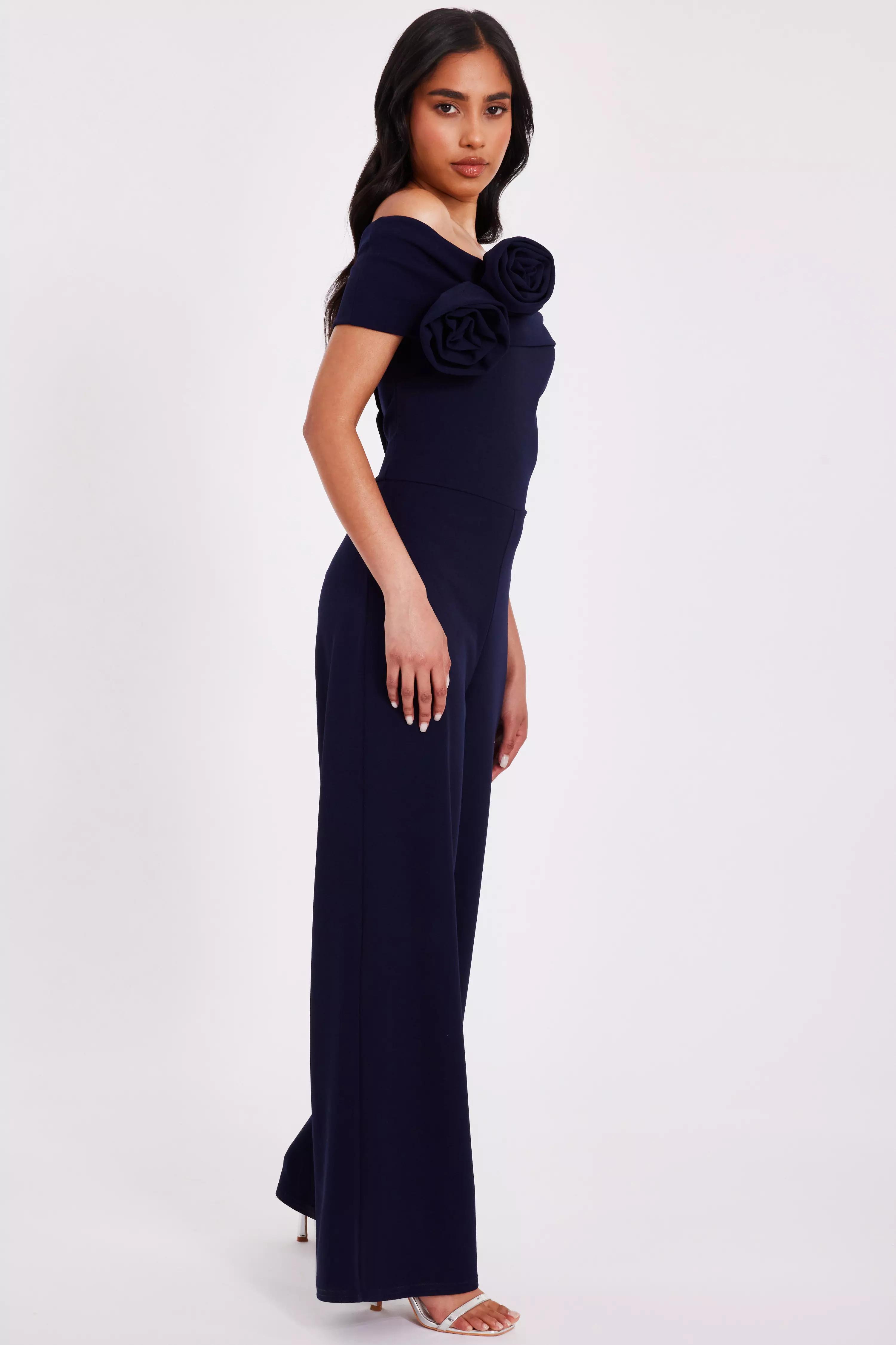 Petite Navy Bardot Floral Corsage Jumpsuit
