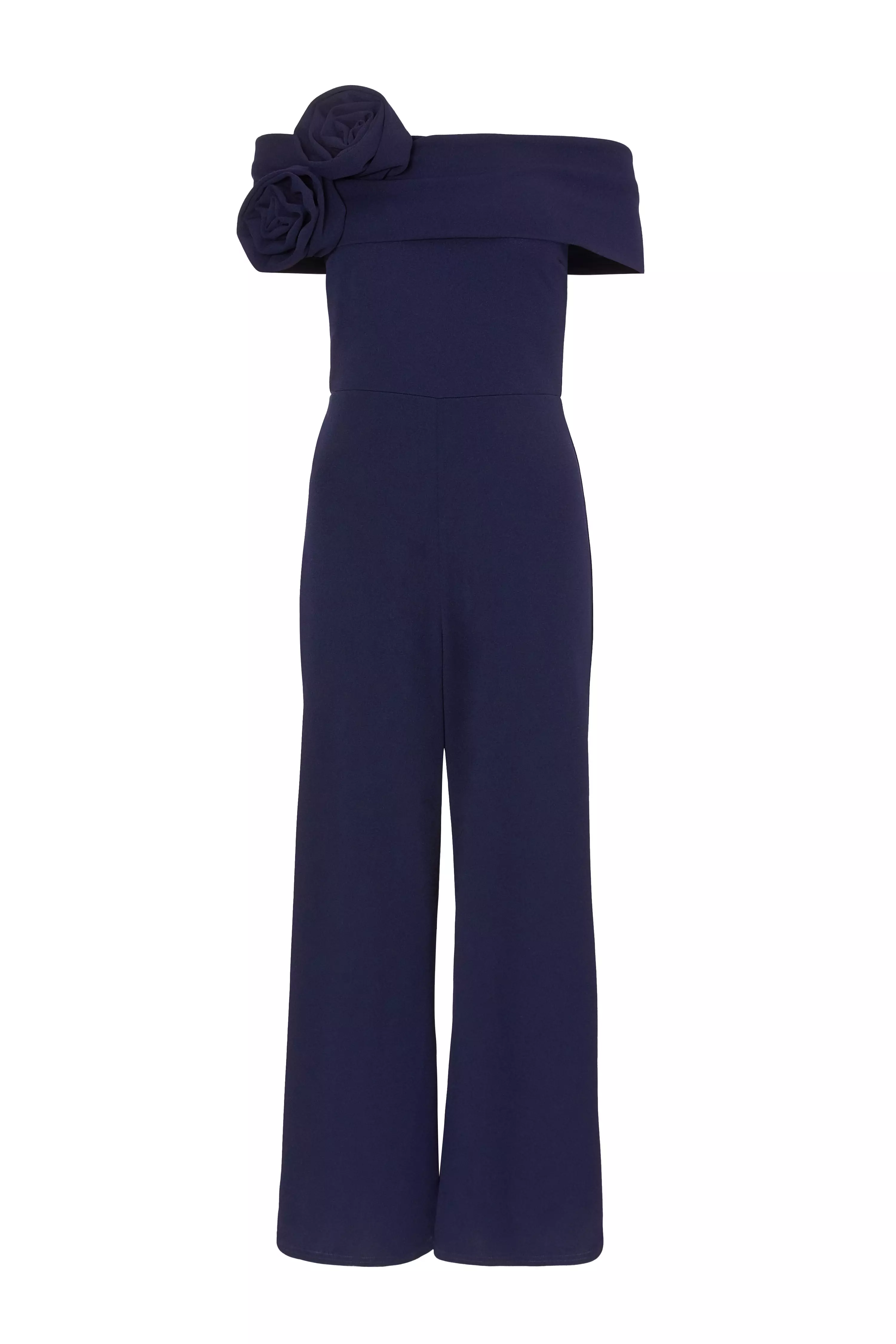 Petite Navy Bardot Floral Corsage Jumpsuit