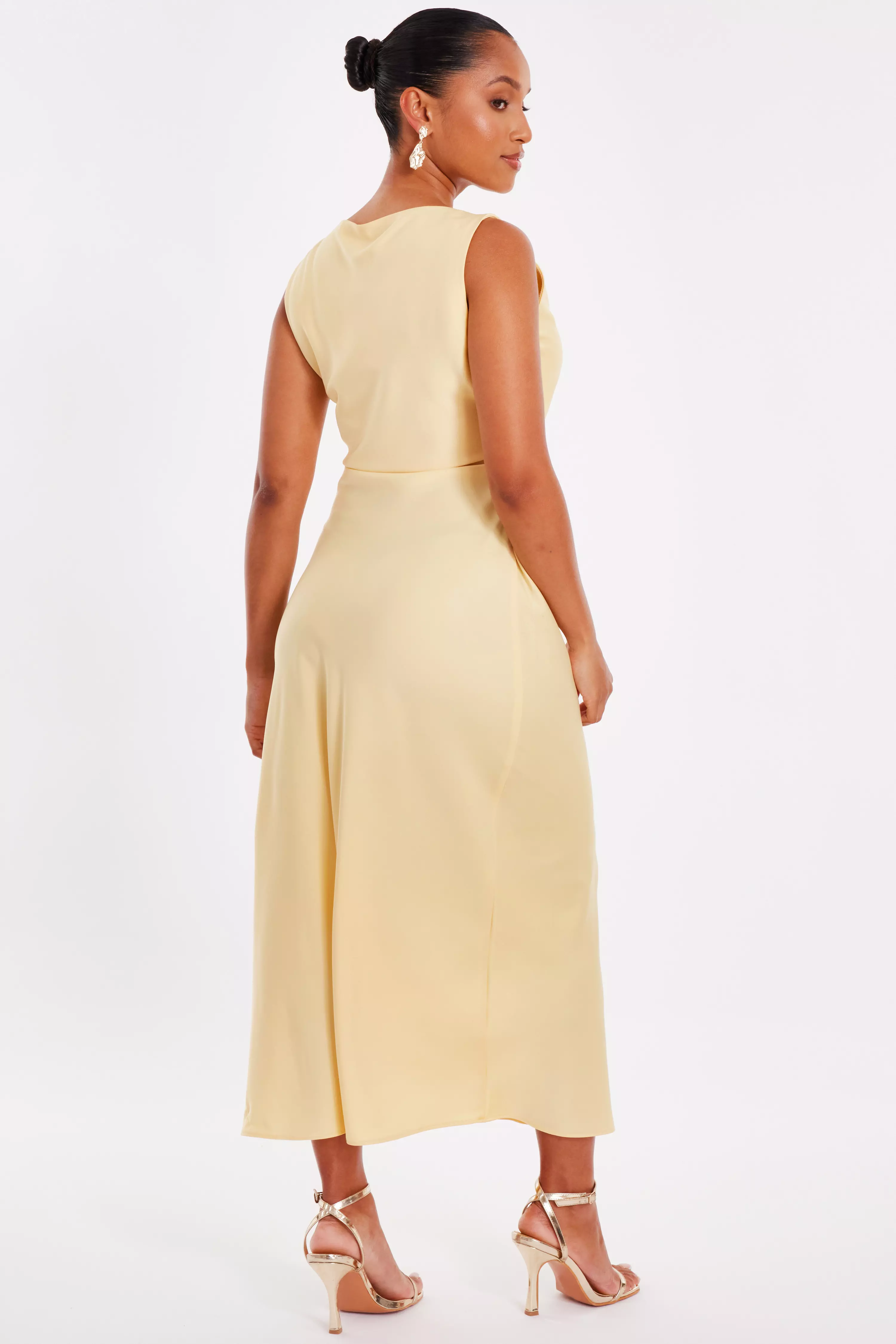 Petite Light Yellow Satin Ruched Midi Dress