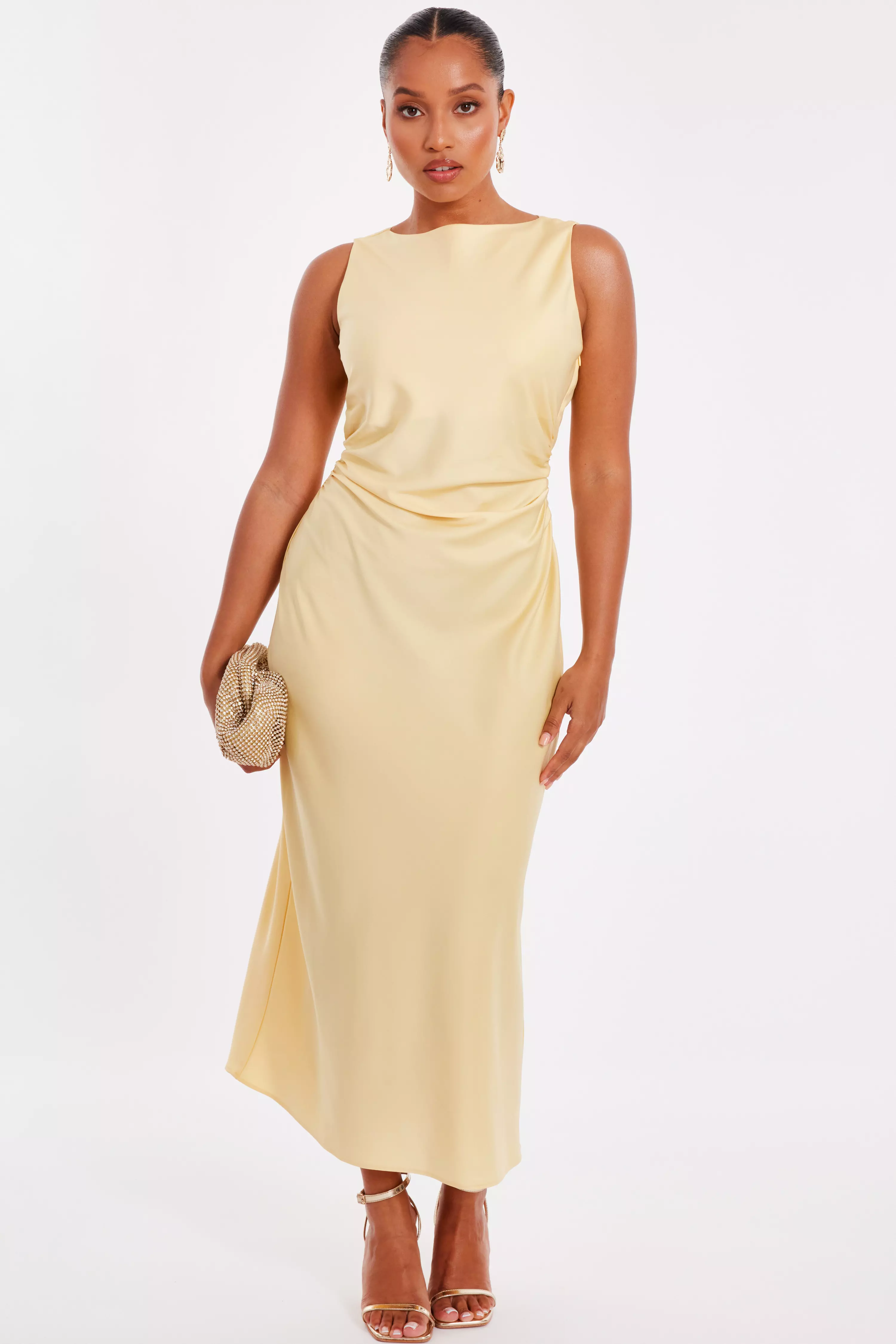 Petite Light Yellow Satin Ruched Midi Dress