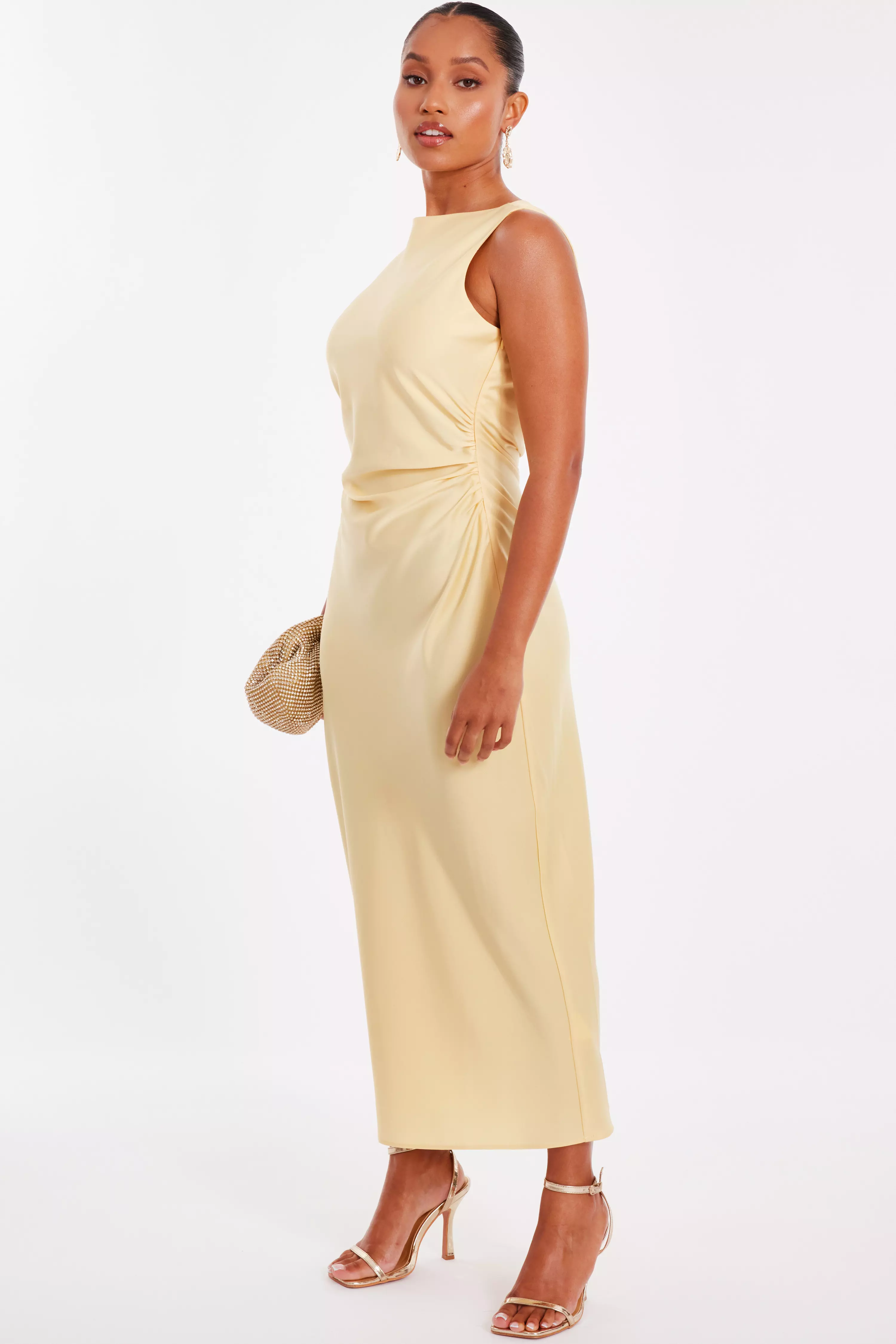 Petite Light Yellow Satin Ruched Midi Dress