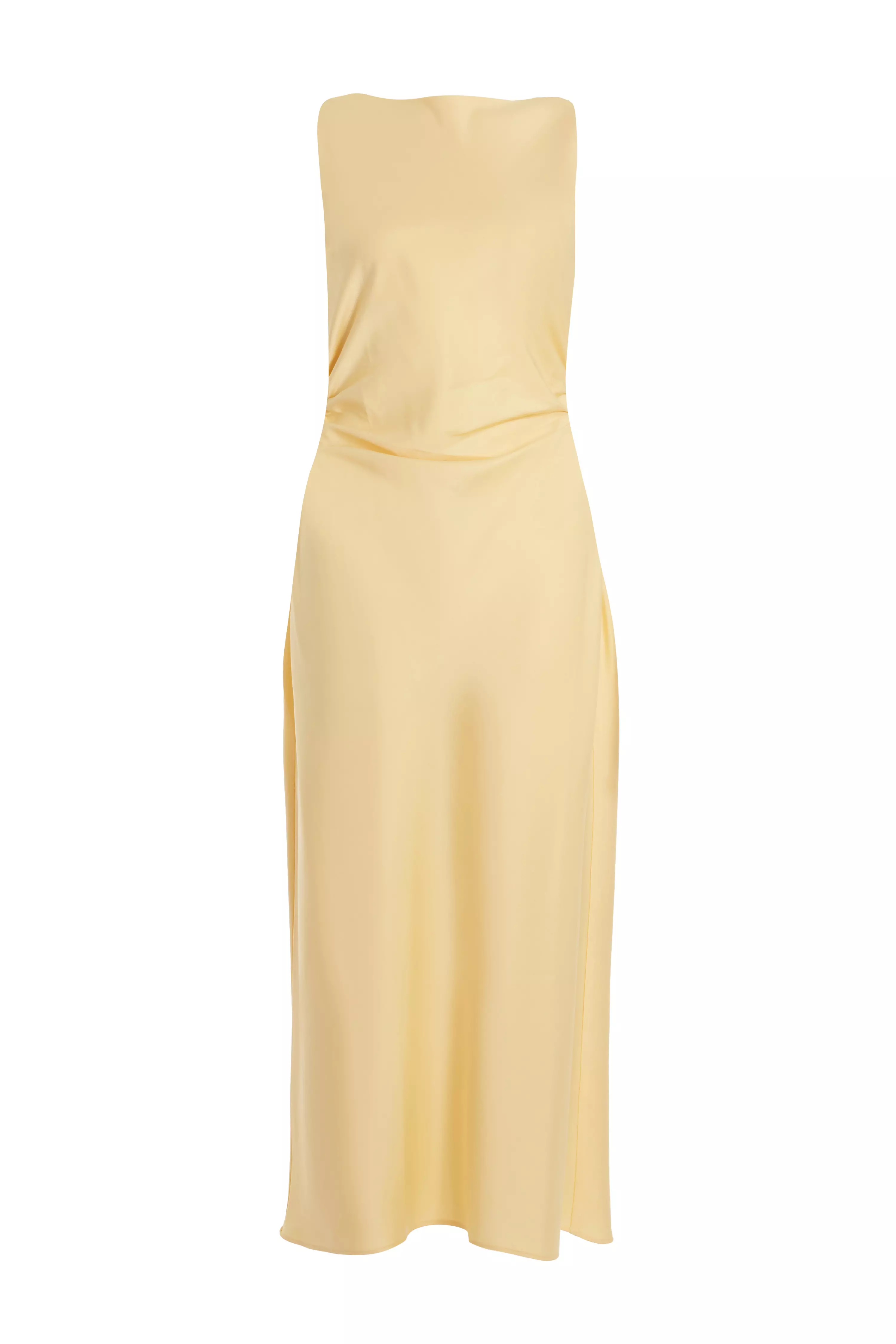 Petite Light Yellow Satin Ruched Midi Dress