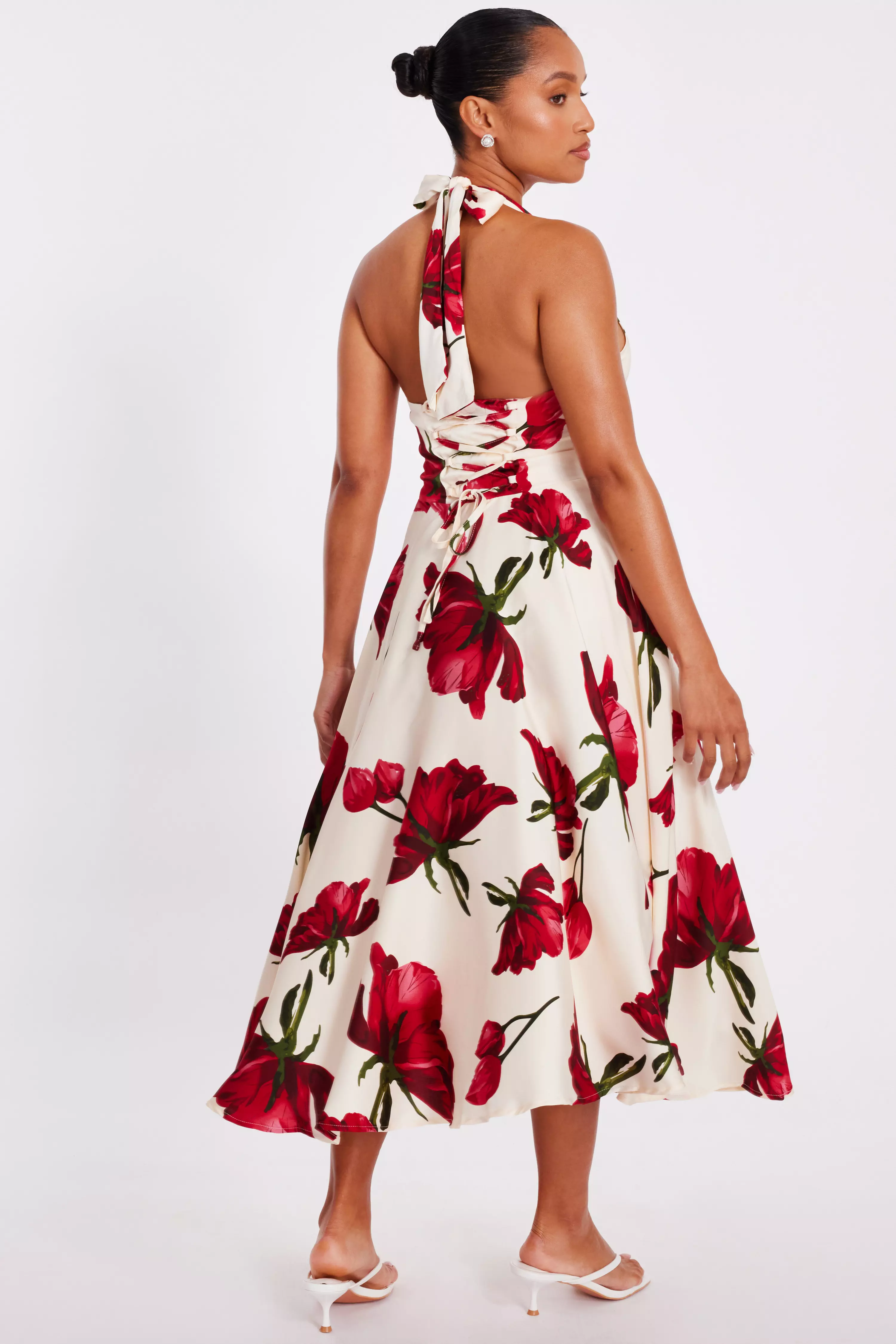 Petite Cream Satin Rose Print Midi Dress