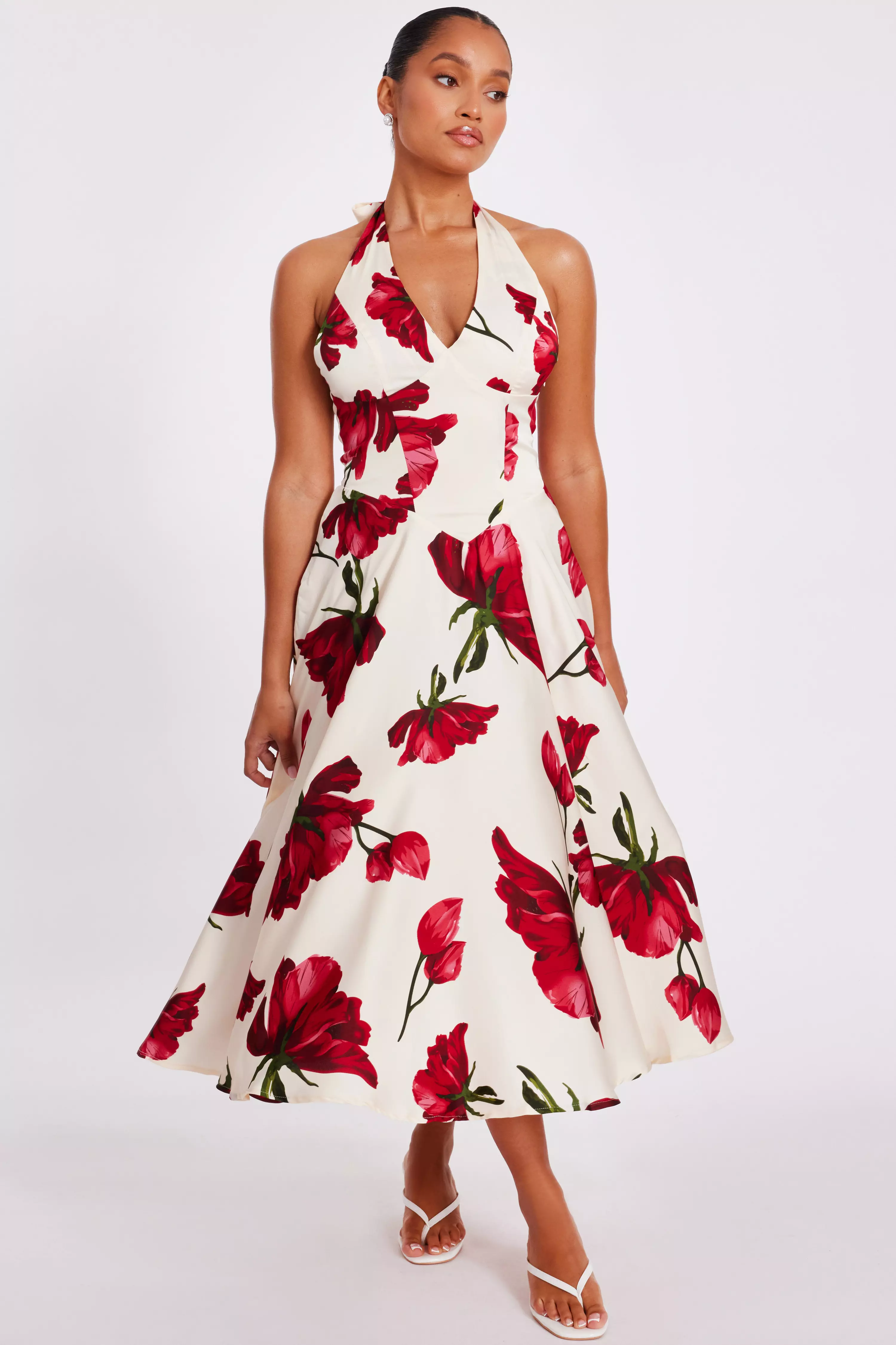 Petite Cream Satin Rose Print Midi Dress