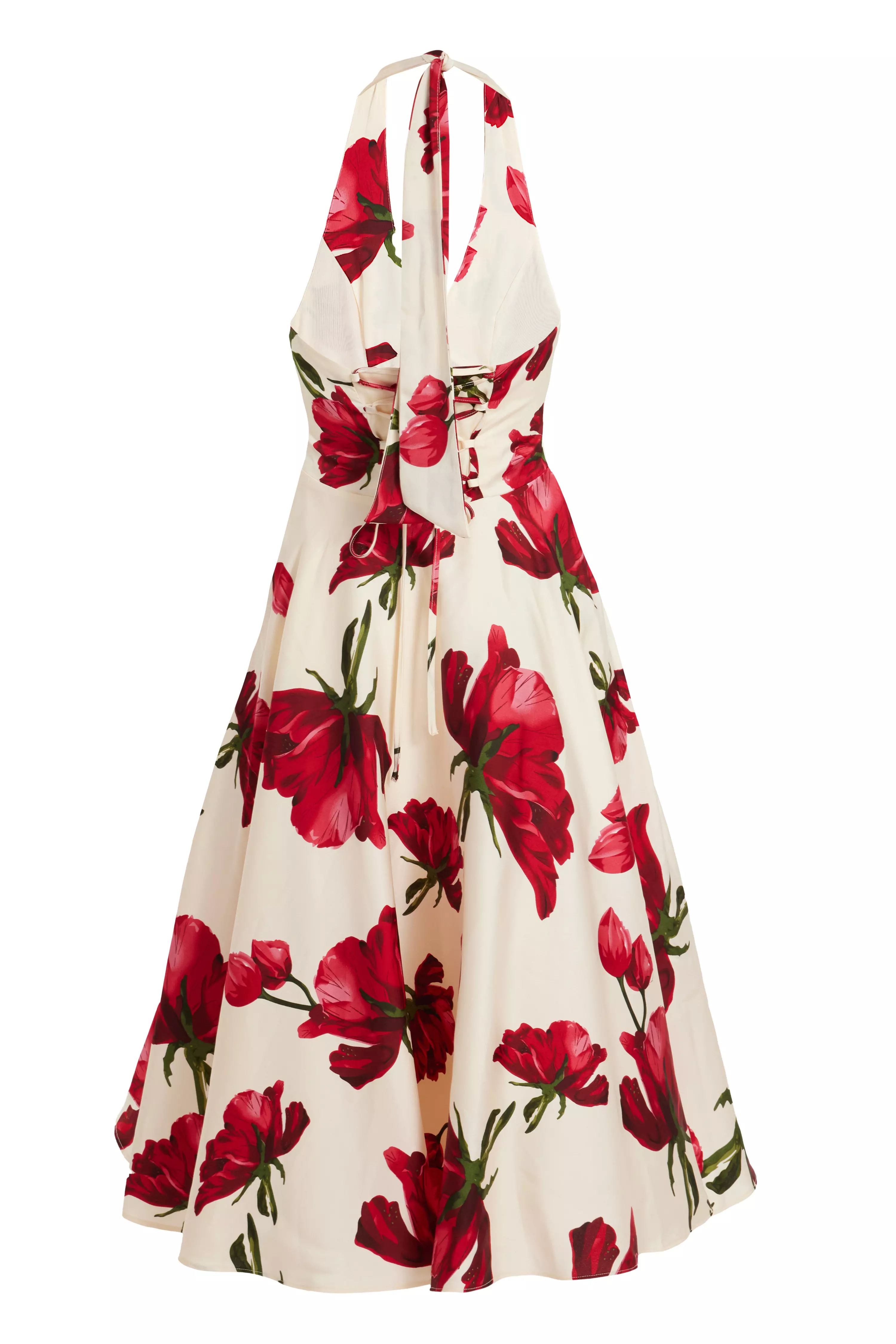 Petite Cream Satin Rose Print Midi Dress