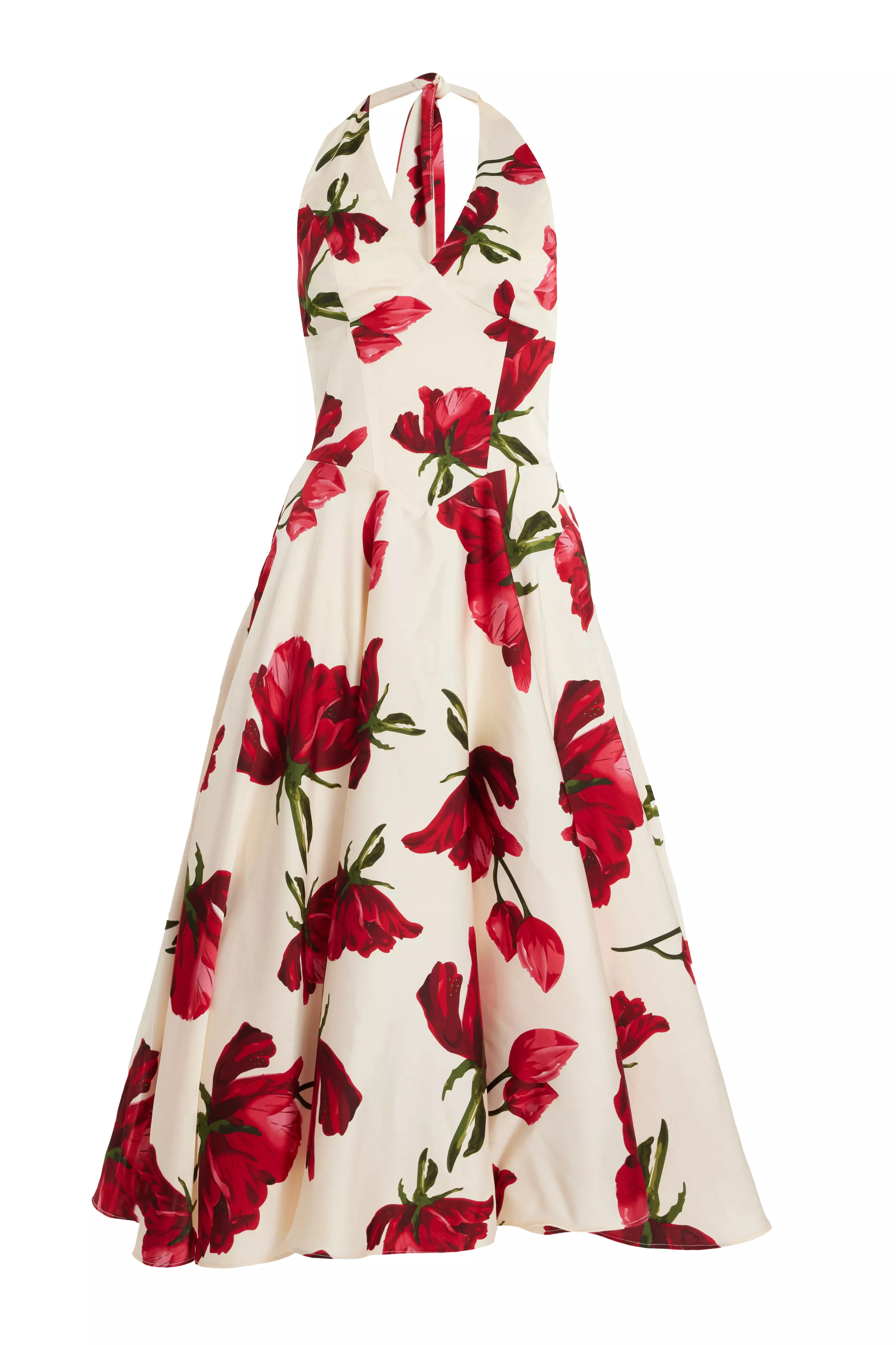 Petite Cream Satin Rose Print Midi Dress
