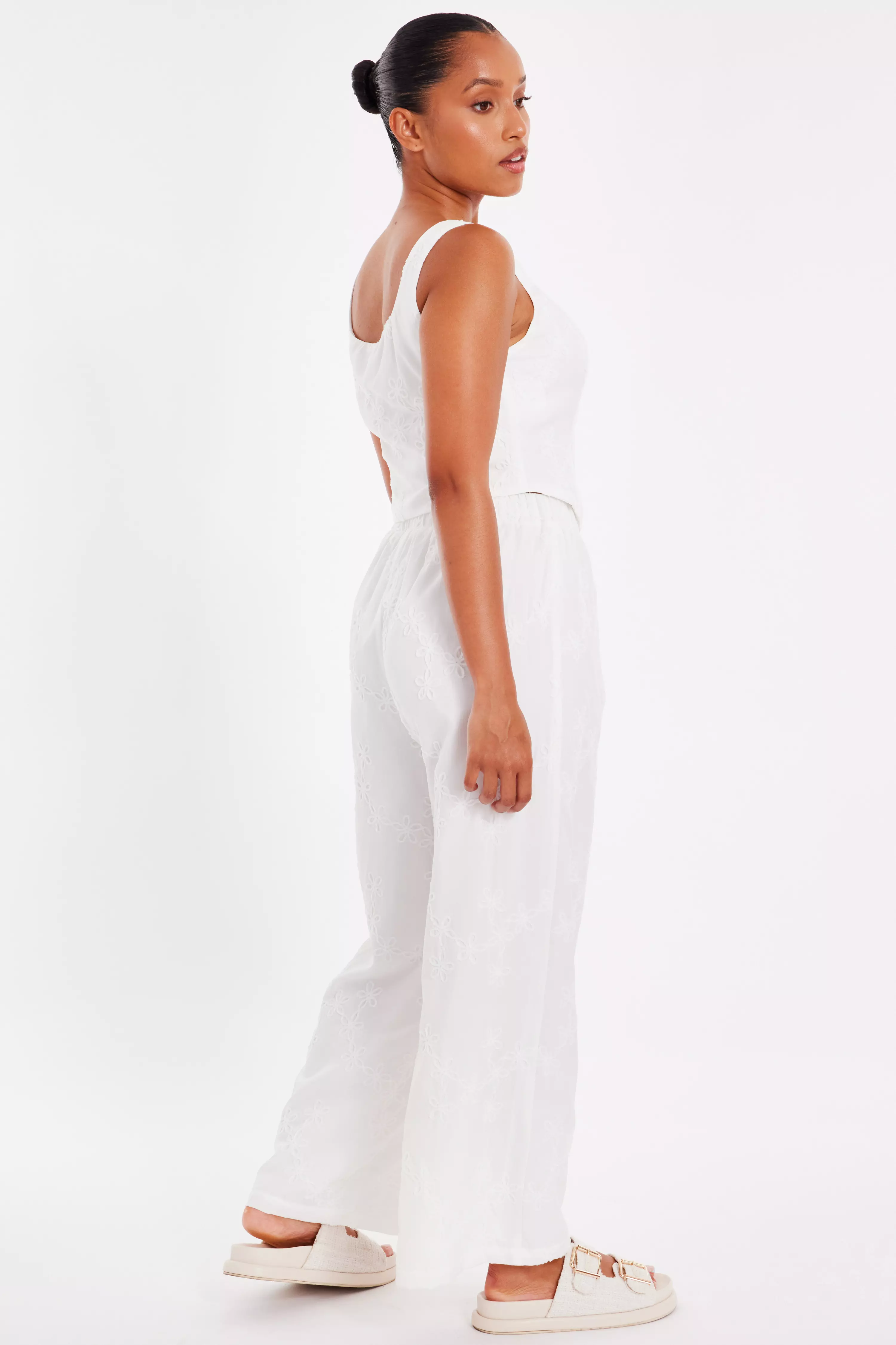 Petite White Embroidered Trousers