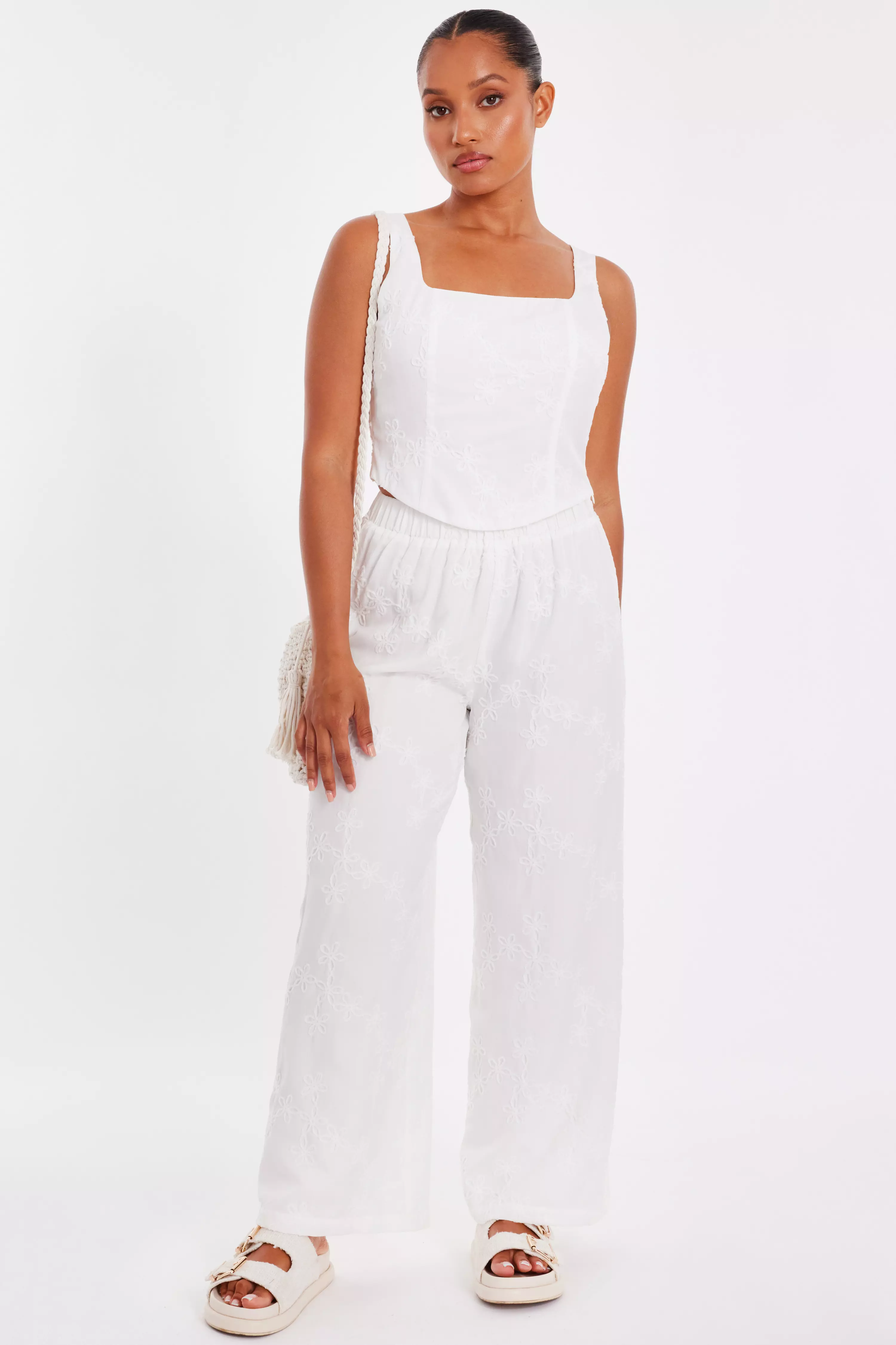 Petite White Embroidered Trousers