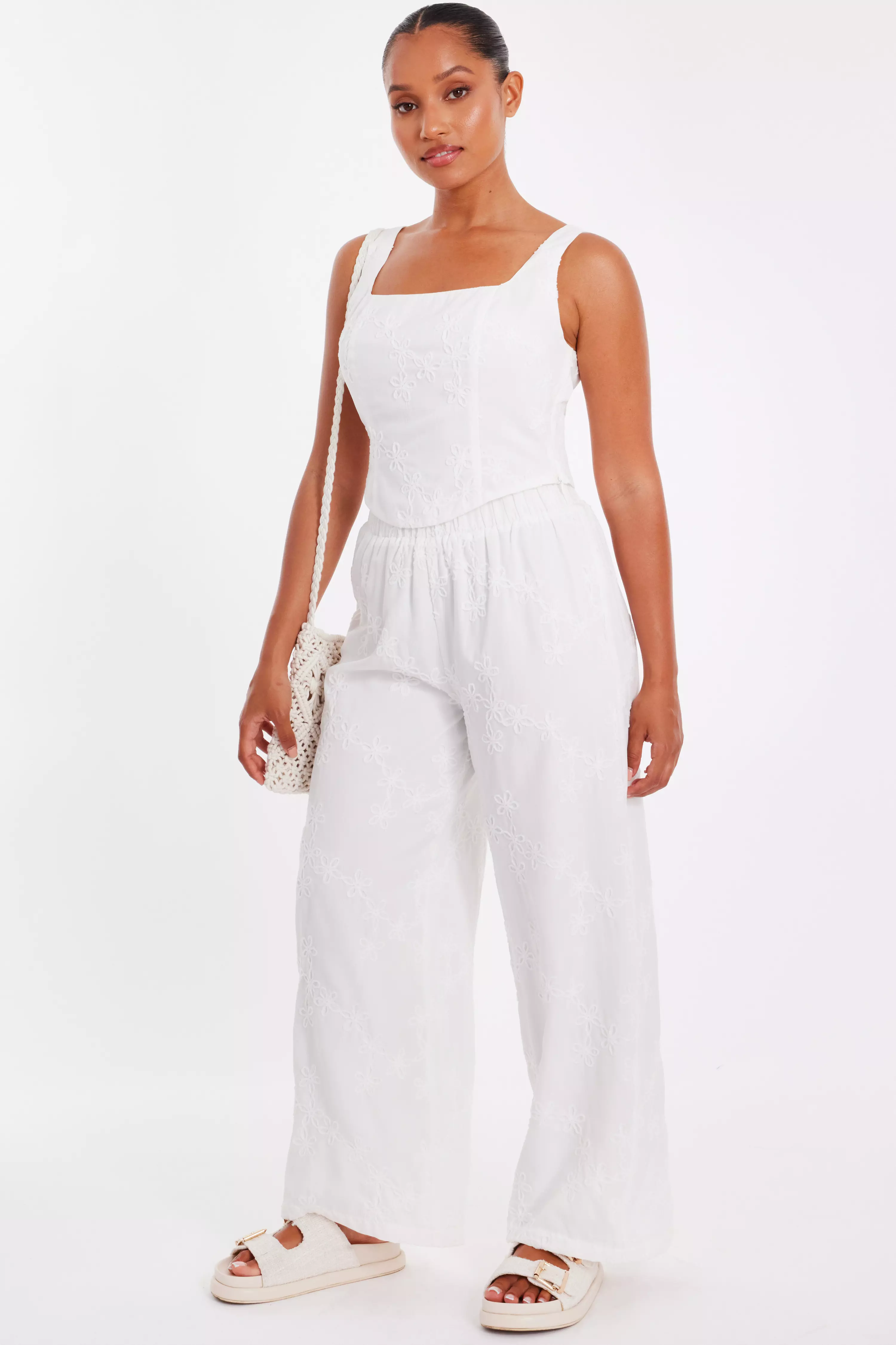 Petite White Embroidered Trousers